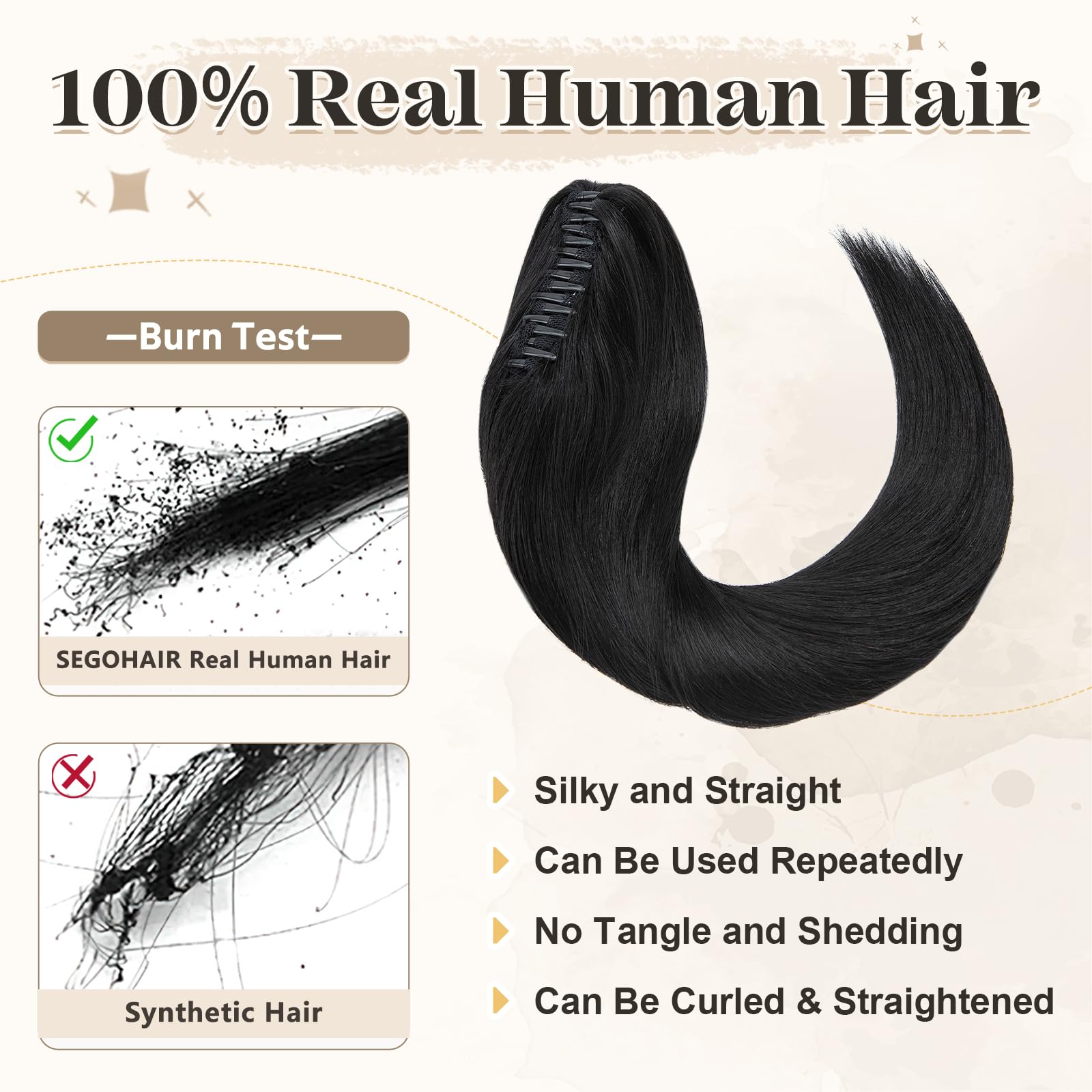 Natural Human Hair Ponytail Extension with Secure Claw Clip - Soft 14-22 Inch Hairpiece for Women in Jet Black (20