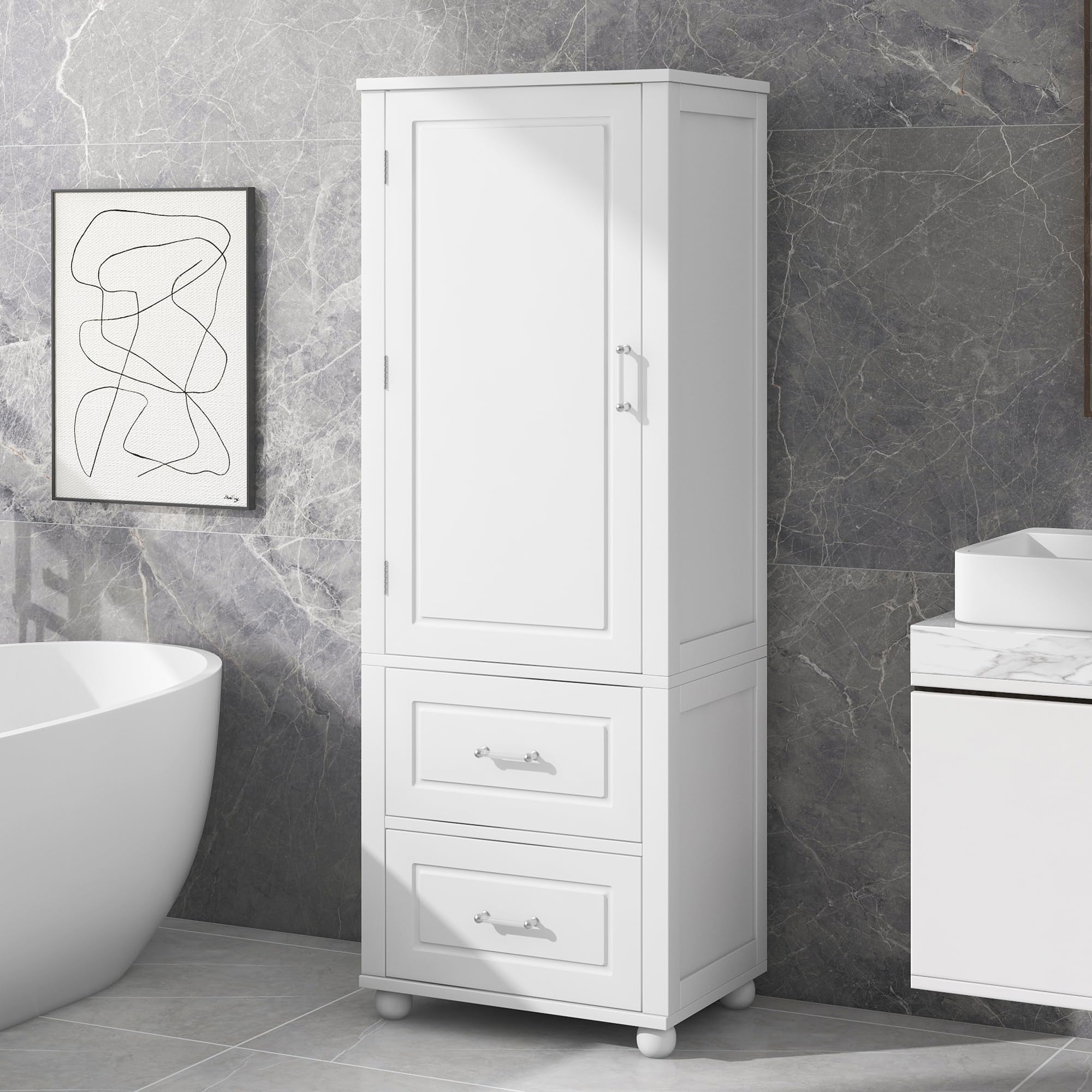 LZ LEISURE ZONE Tall Bathroom Storage Cabinet with 2 Drawers & Adjustable Shelf - Freestanding Bathroom Organizer for Home, Kitchen, Living Room - Anti-Tip Design, White - Perfect for Small Space Organization & Bathroom Essentials Storage
