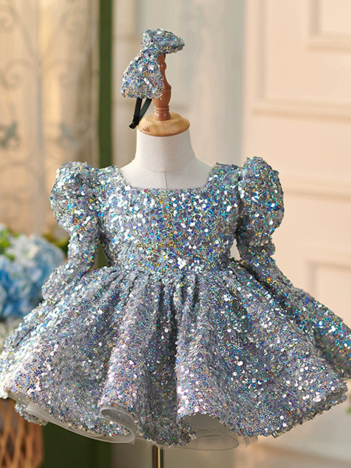 Elegant Dusty Blue Princess Square Neckline Sequined Flower Girl Dress for Weddings, Pageants & Special Occasions