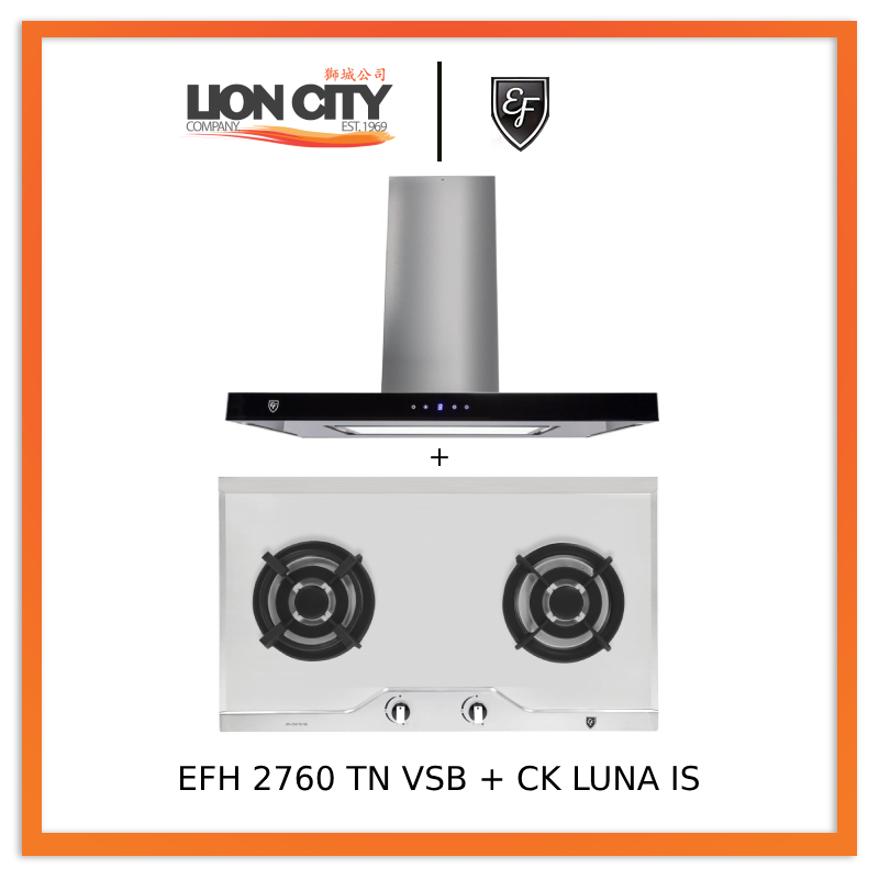 EF CK LUNA 90cm Island Range Hood + EF EFH 2760 TN VSB 78cm Built-in Stainless Steel Gas Cooktop - Modern Kitchen Ventilation & Cooking Solution for Home Chefs
