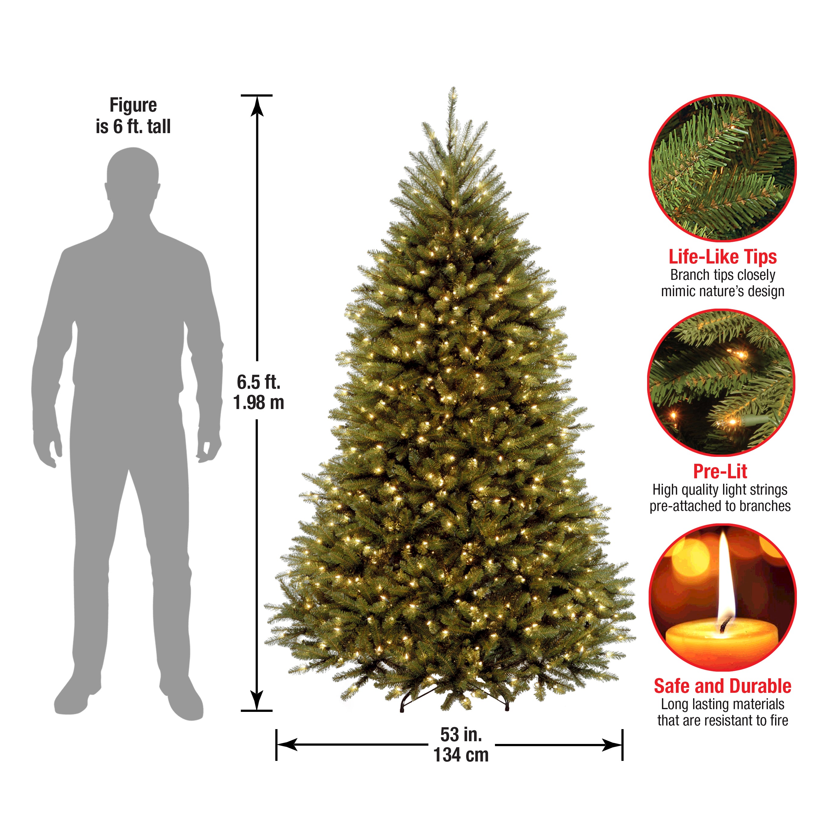 6.5 ft Pre-Lit Dunhill Fir Artificial Christmas Tree with PowerConnect Clear Lights - Perfect for Home, Office, and Holiday Decorations