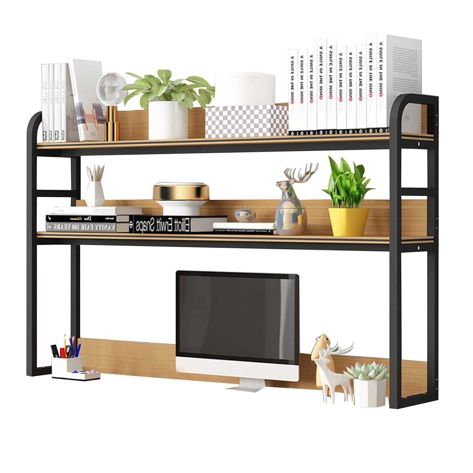 2-Tier Adjustable Countertop Hutch Bookshelf - Wood & Metal Desktop Organizer for Office, Kitchen, or Living Room - Perfect for Storing Books, Decor & Supplies (140cm, Color B)
