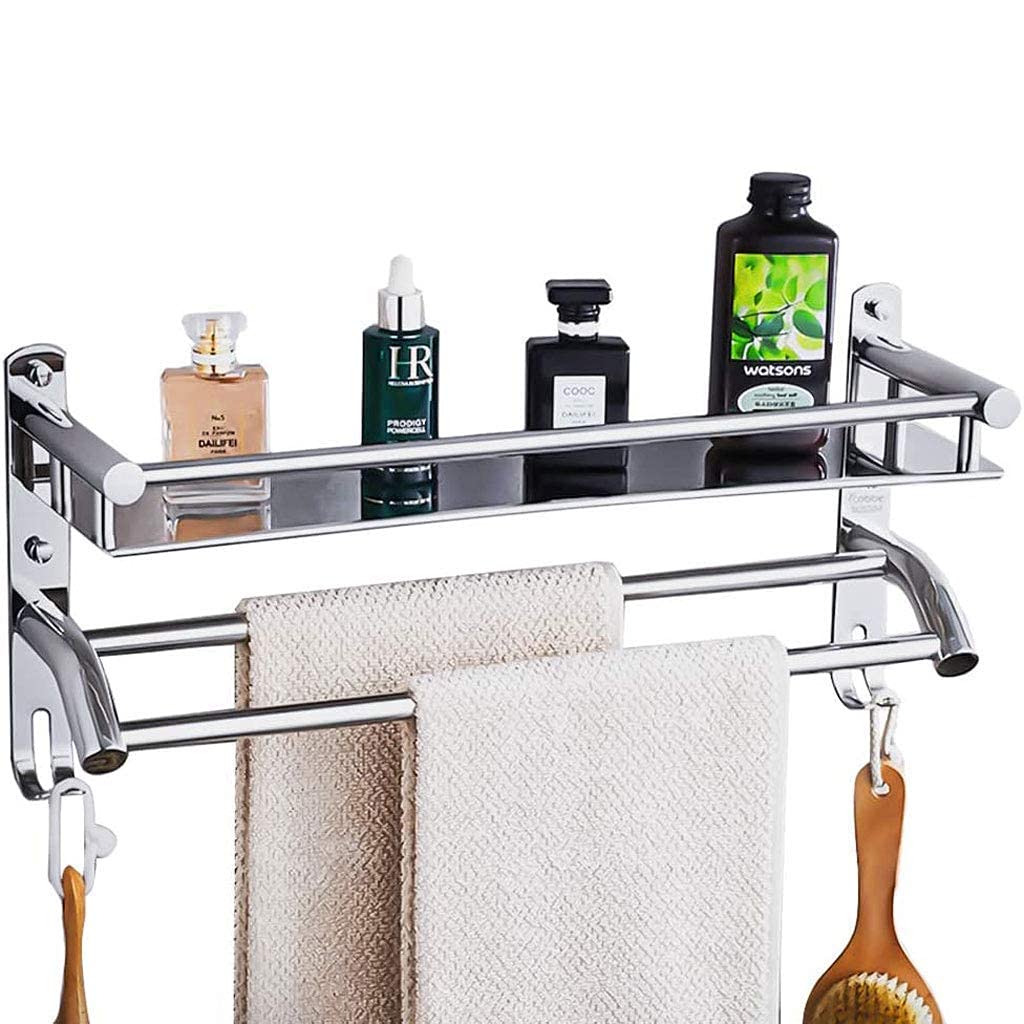 Premium 304 Stainless Steel Wall Mounted Towel Rack with Storage Shelf & Hooks - 40CM/60CM Bathroom Towel Holder for Hotel, Kitchen & Home Use - Space-Saving Drying Solution for Hand Towels, Robes & Utensils