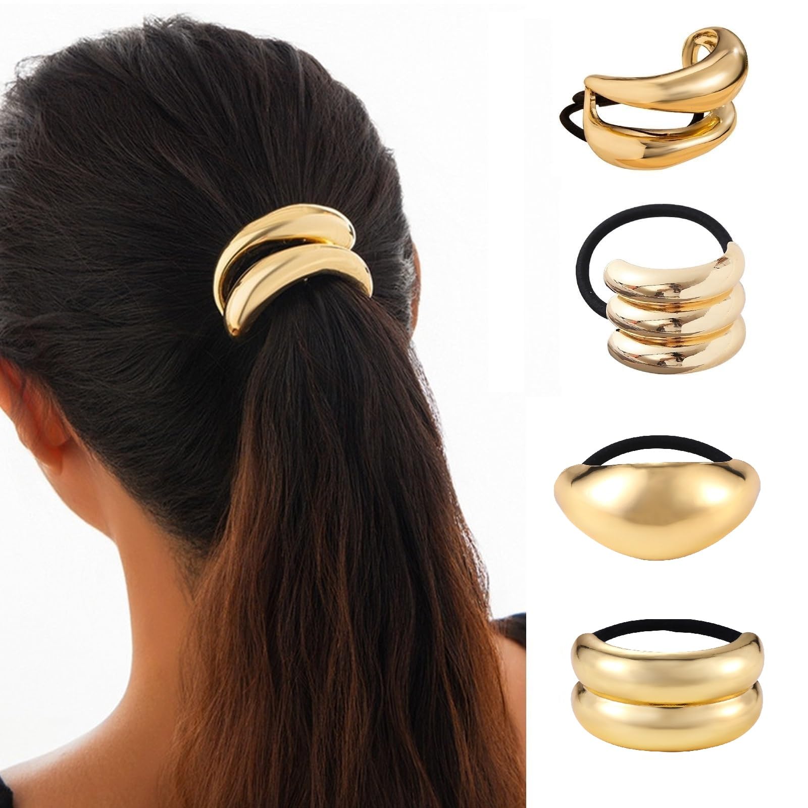 Papasgix Metal Hair Cuffs - Geometric Elastic Hair Ties for Thick Hair, Women's Hair Accessories (Gold, 9pcs) - Perfect for Ponytails, Braids & Updos