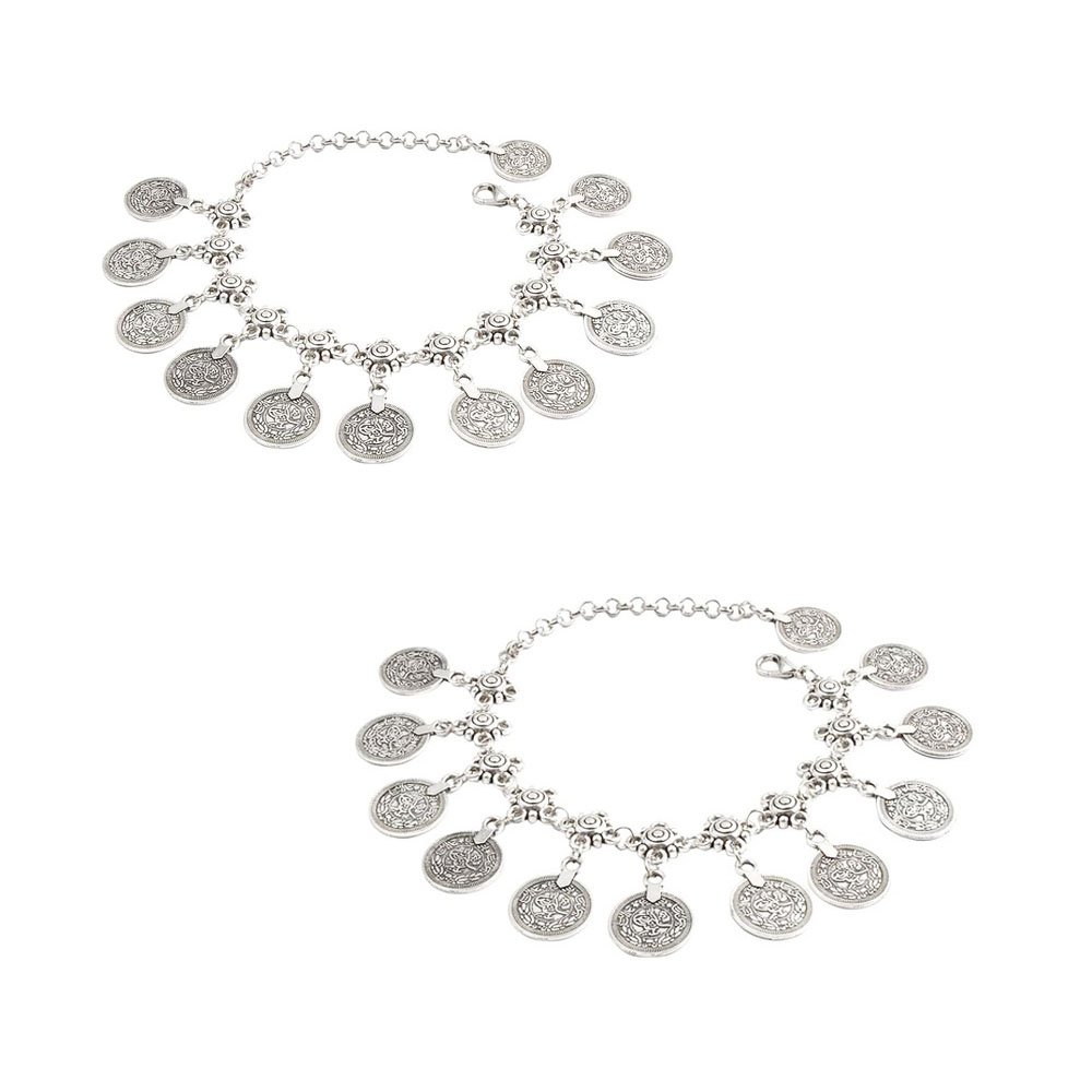 Yueton Pack of 2 Vintage Bohemian Gypsy Coin Tassel Anklets - Tribal Ethnic Retro Coin Bracelets for Women - Perfect for Beach, Festival, and Boho Style Accessories