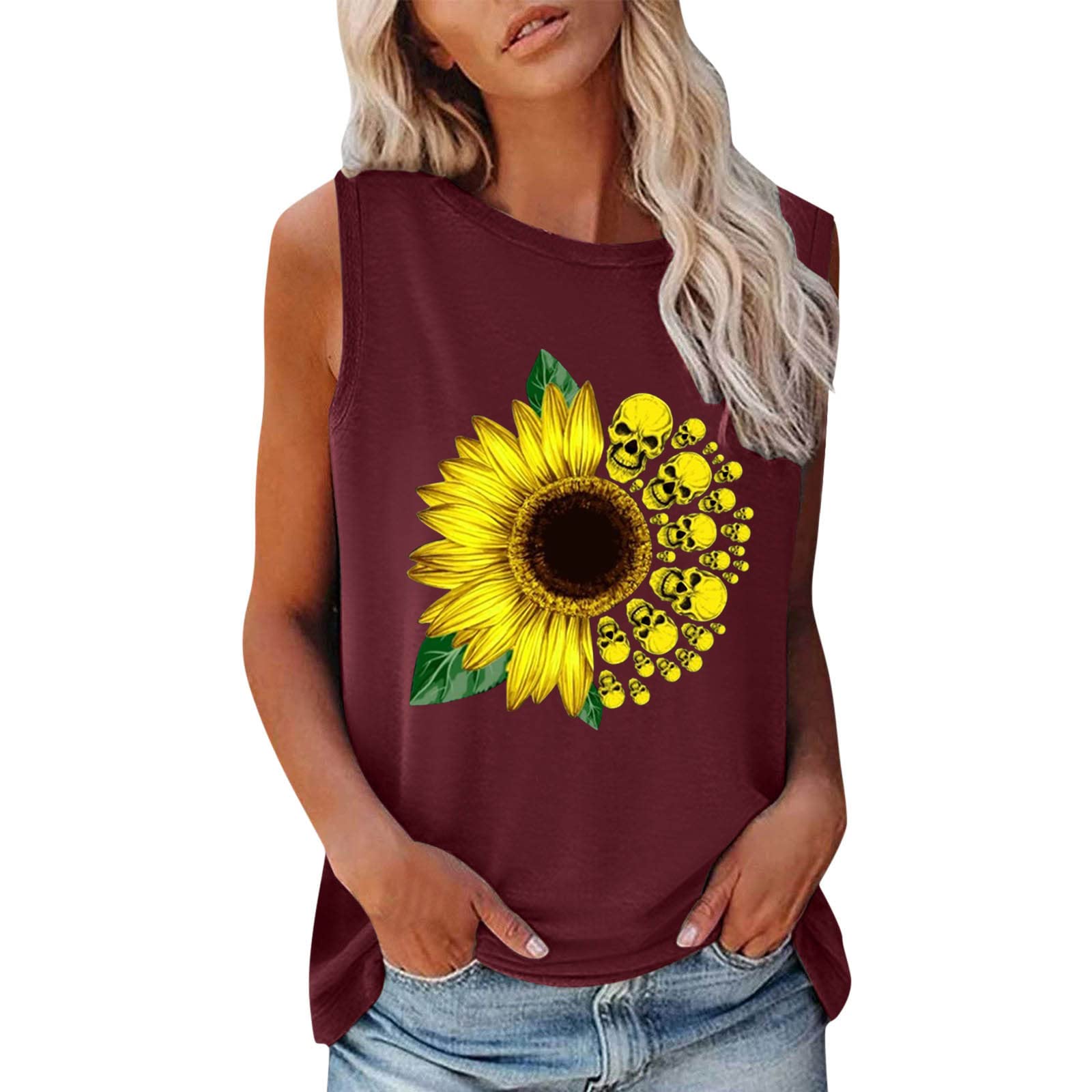 Women's Slimming Tank Tops - Summer Casual Sleeveless T-Shirts with Print, Comfortable O-Neck Design for Workout, Yoga & Beach Wear