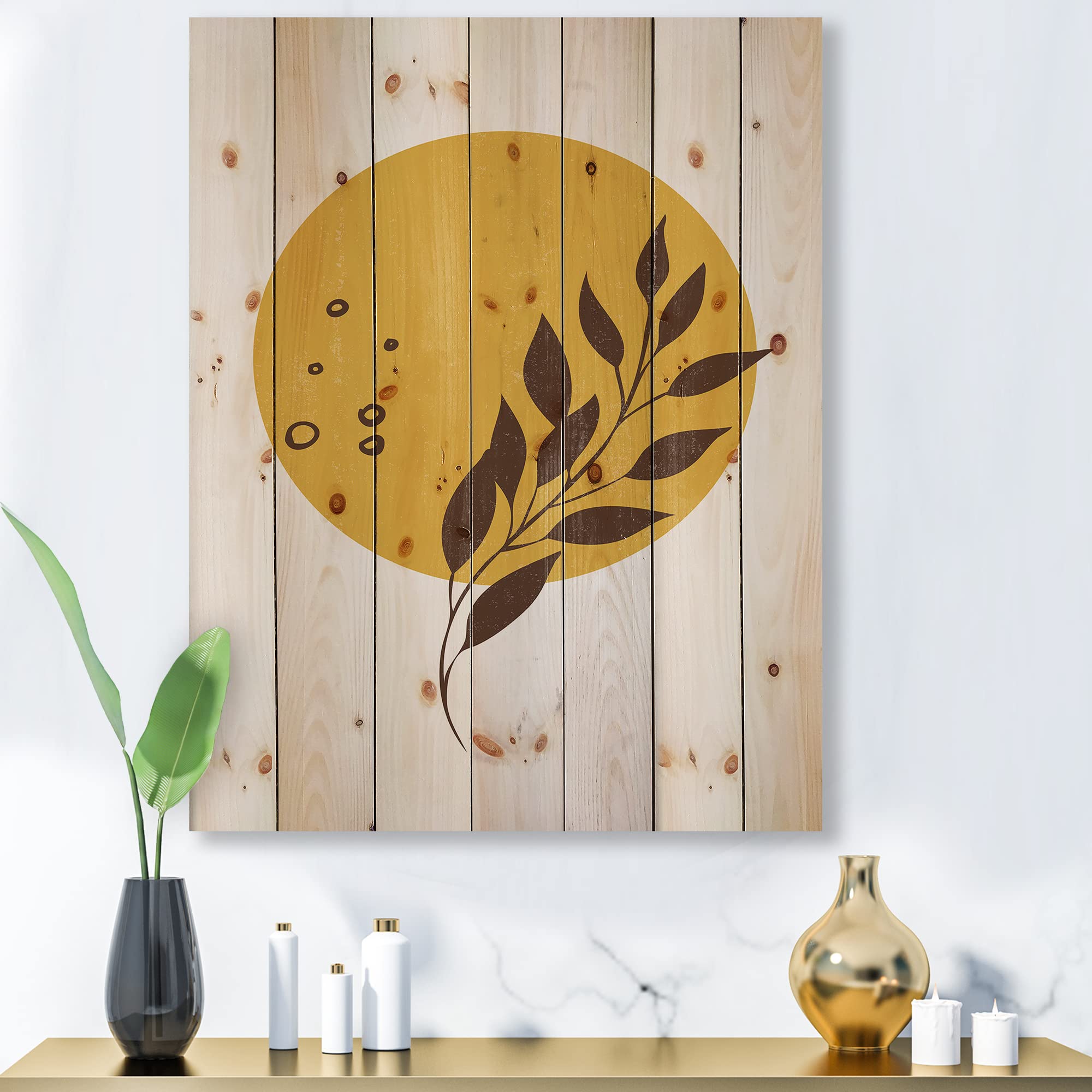 Abstract Yellow Sun & Moon Wood Wall Art - Tropical Leaf Decor for Living Room