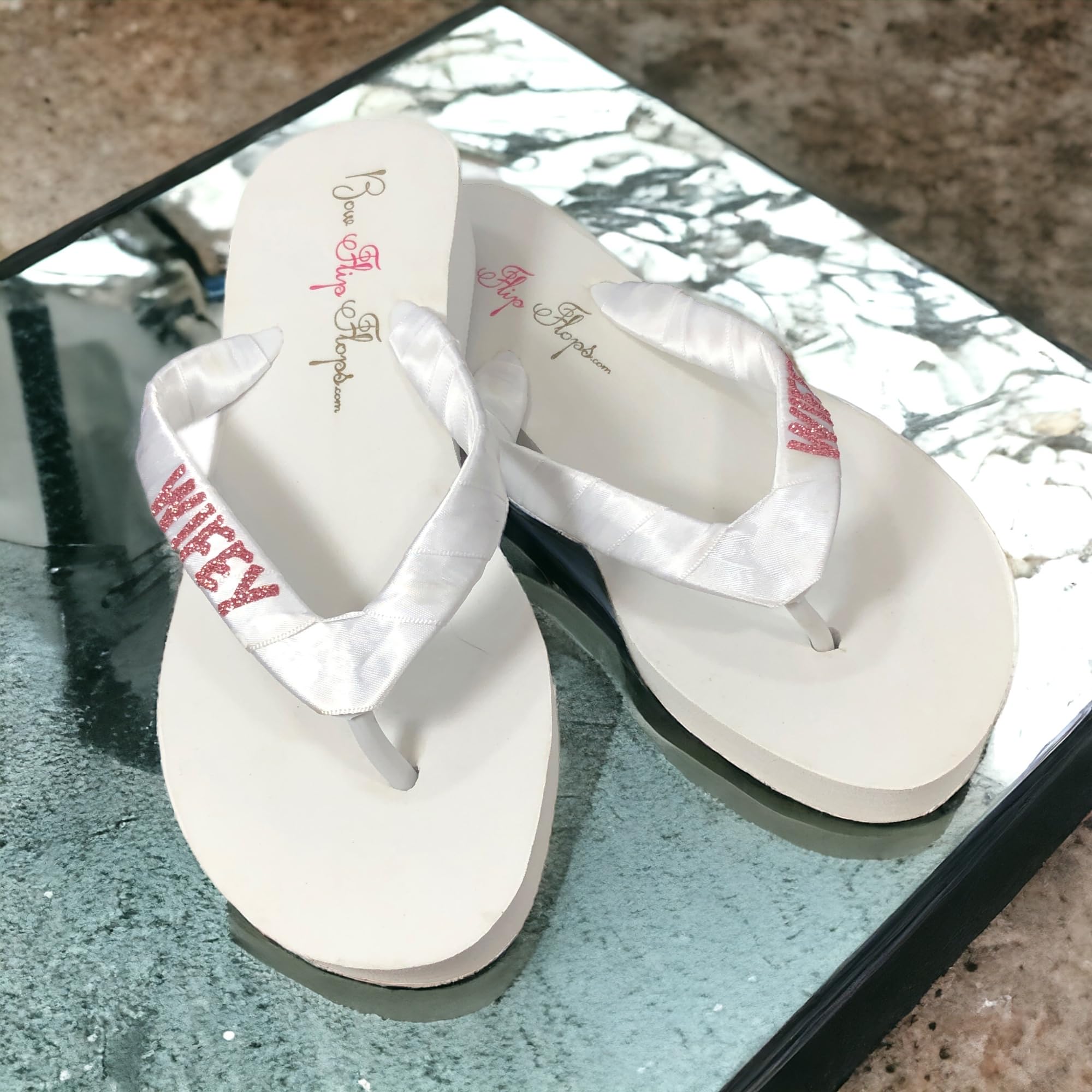 Women's White Wedding Flip Flops with Rose Gold Pink Glitter - Comfortable Bridal Shower, Bachelorette Party & Beach Wedding Shoes