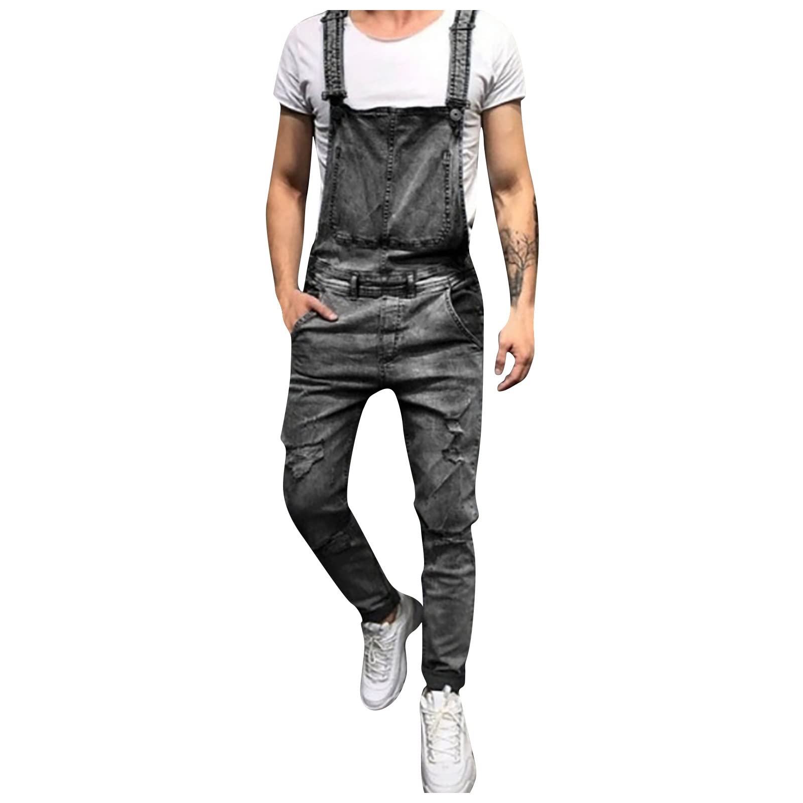 **Men's Denim Overalls Jumpsuit with Wash Pocket & Suspenders - Casual Streetwear Pants for Outdoor Work, Hiking & Urban Fashion**