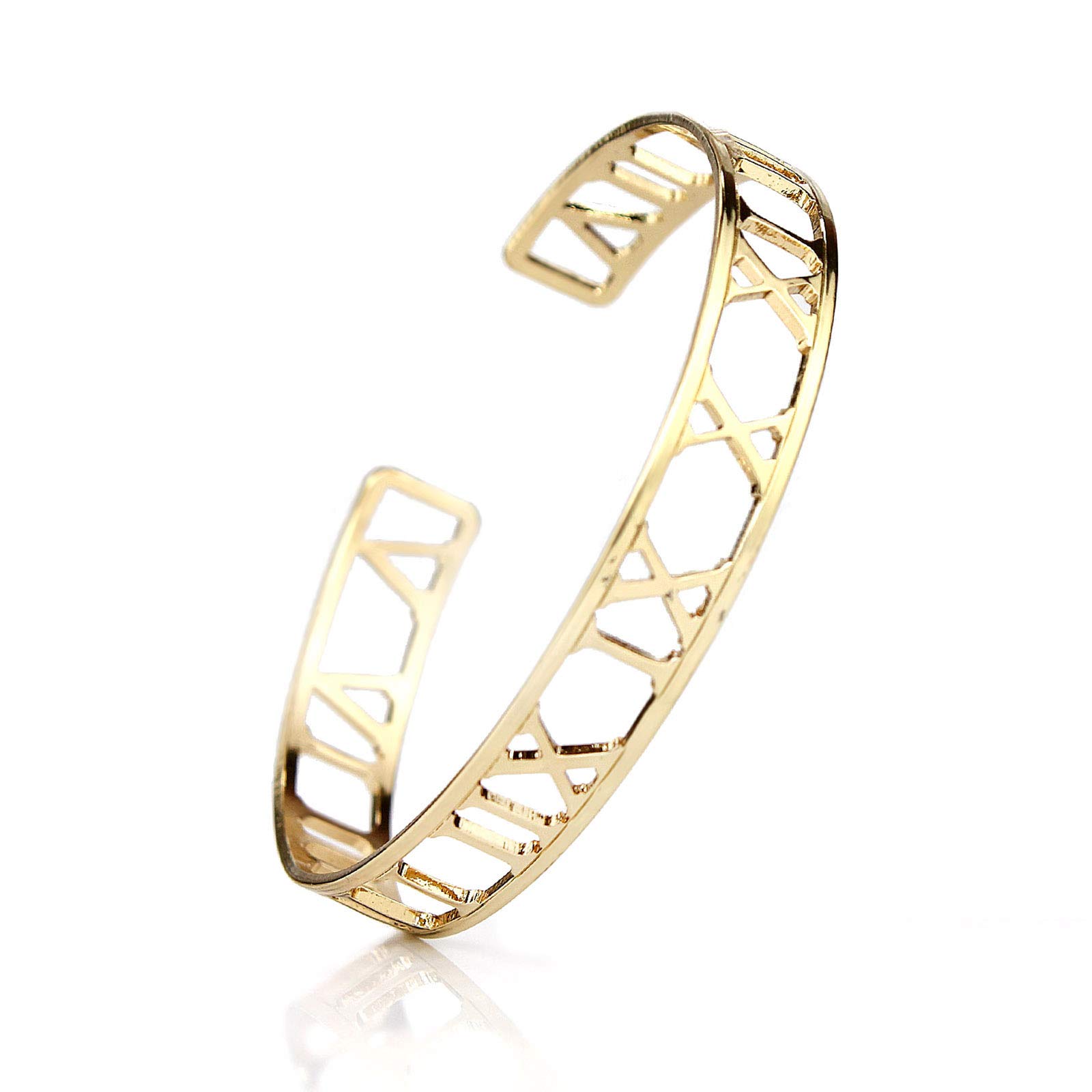 POMINA Roman Numeral Cuff Bangle Bracelet for Women - Gold Flat Thin Open Cuff Bracelet for Teens & Adults - Flexible Fashion Jewelry - Perfect for Parties, Weddings & Everyday Wear