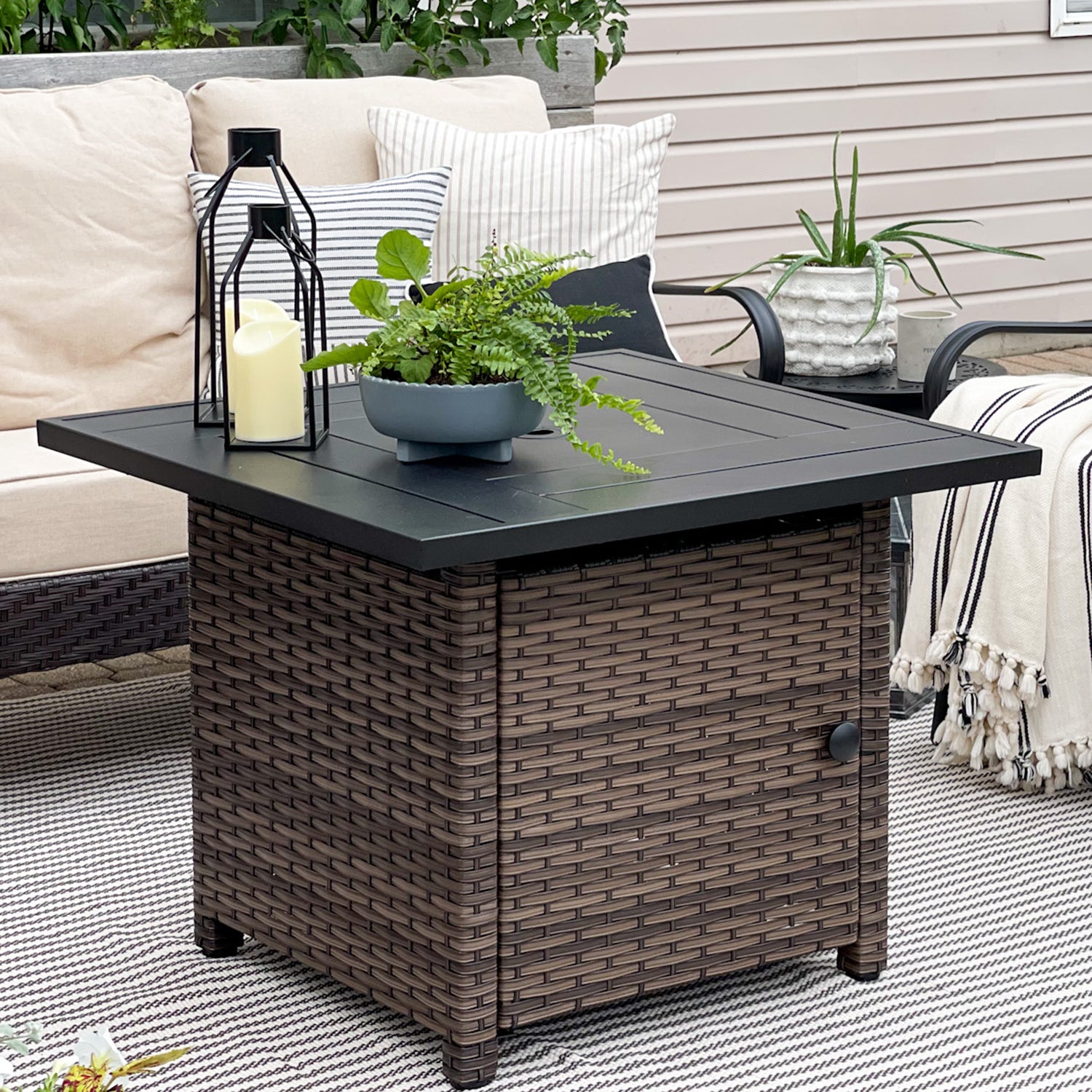 PHI VILLA 50,000 BTU Outdoor Fire Pit Table with Rattan Side Panels - Perfect for Backyard, Patio, and Garden Gatherings