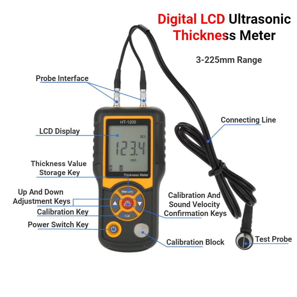 HT-1200 Ultrasonic Thickness Gauge - Digital LCD Meter with 2-300mm Range for Metal, Plastic & Pipe Measurement | Industrial & Home DIY Use
