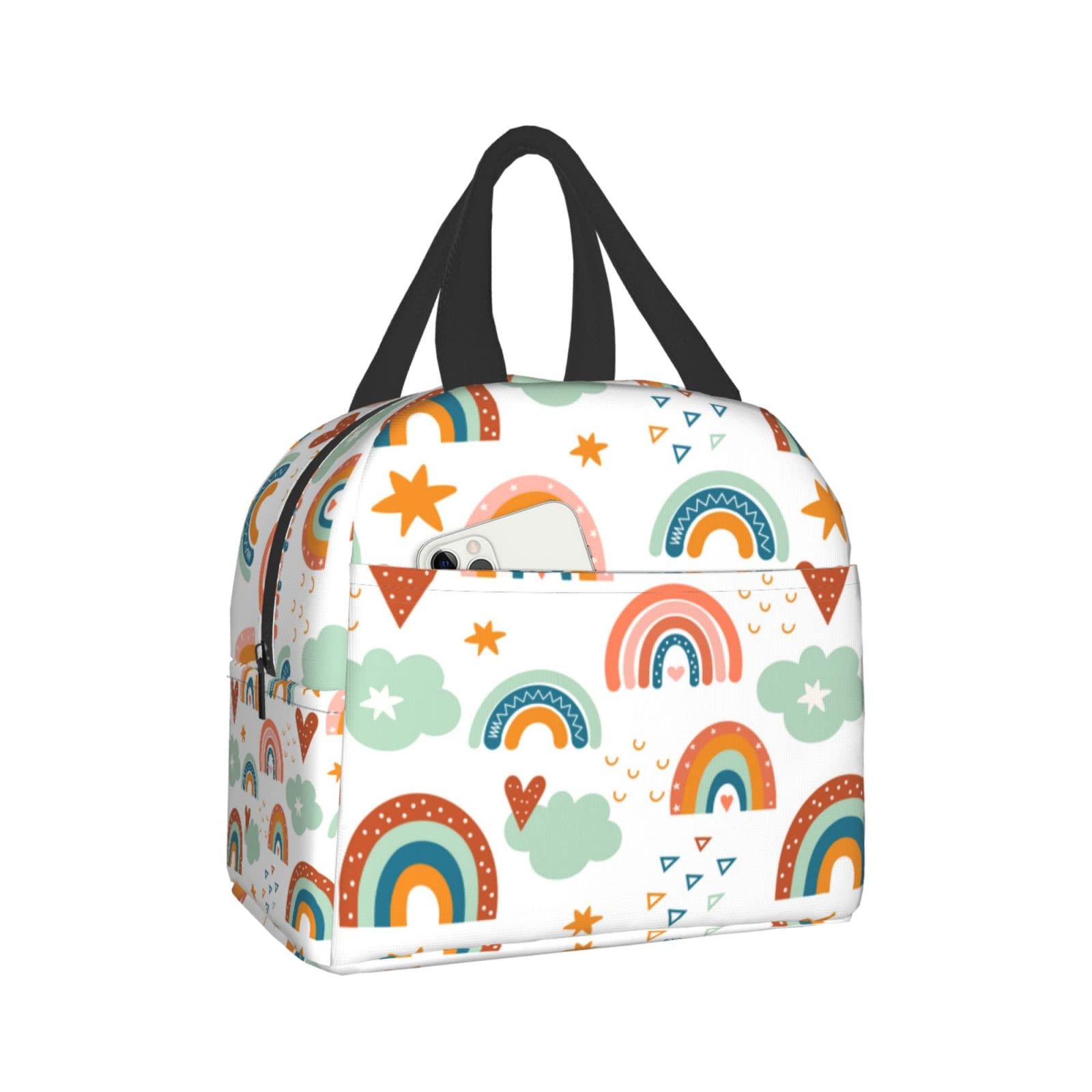 Boho Rainbows and Clouds Insulated Lunch Box - Reusable Thermal Lunch Bag for Women & Men - Perfect for Office, School, Camping, Hiking, Picnic, Beach & Travel - Eco-Friendly Food Container for Work & Outdoor Activities