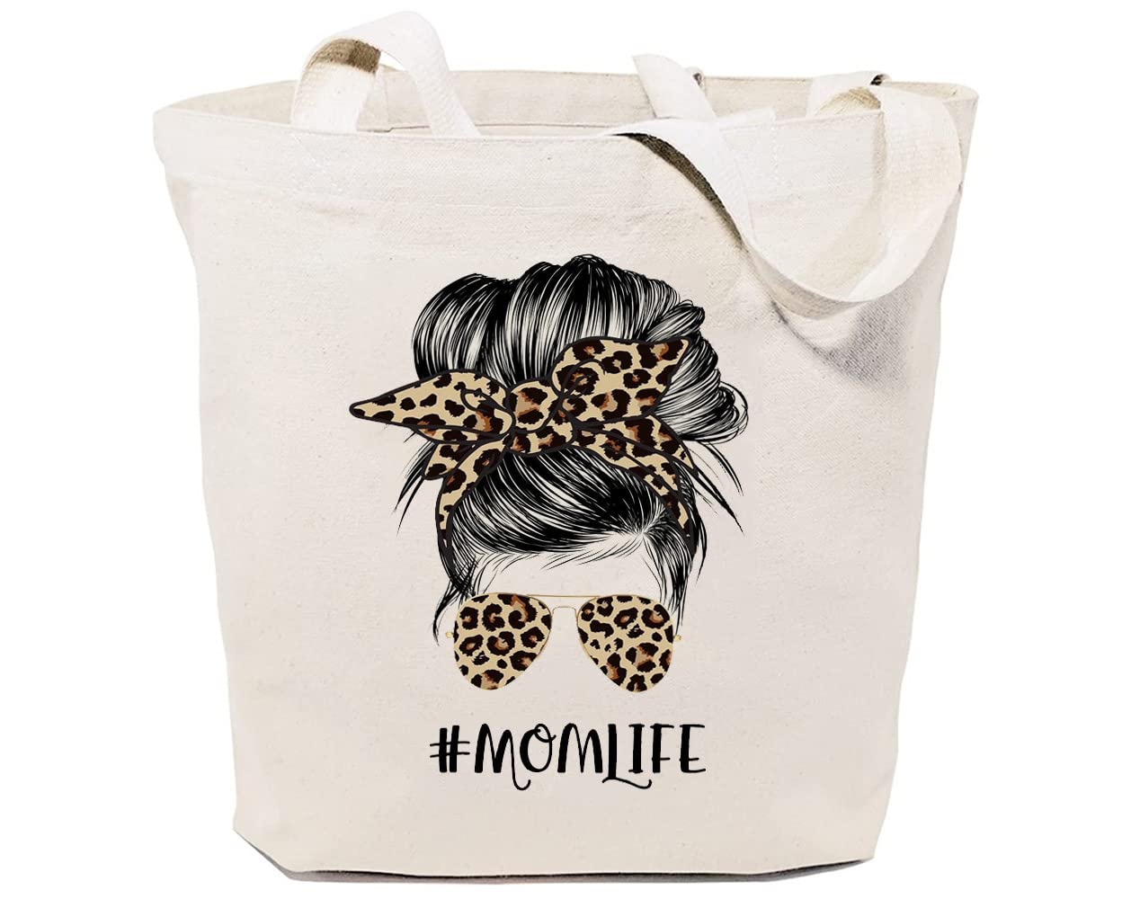 Stylish Leopard Print Canvas Tote Bag for Women - Reusable Grocery Shopping Bag with Messy Bun Design - Perfect Gift for Moms, Work, Beach & Daily Errands
