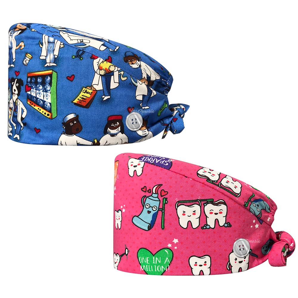 2-Pack Adjustable Nurse Working Caps with Buttons & Sweatband - Printed Multicolor Medical Headwear for Dental Clinics & Hospitals - Comfortable Tie-Back Hats for Healthcare Professionals