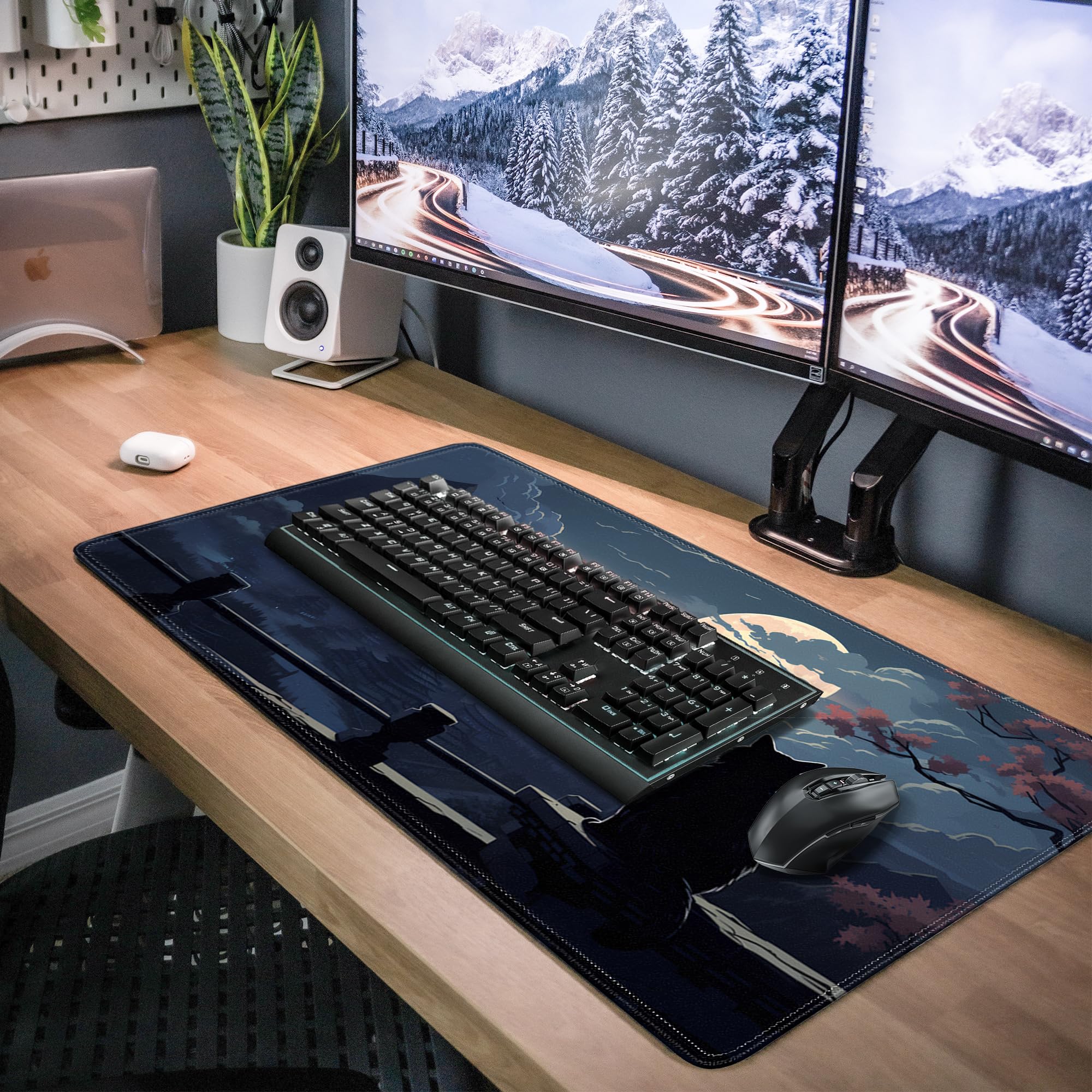 Moon Cat XXL Gaming Mouse Pad (31.5x15.7 Inch) - Extra Large Non-Slip Desk Mat with Stitched Edges for PC, Laptop, Office & Home Use - Cute Black Extended Keyboard Mousepad for Gamers & Work