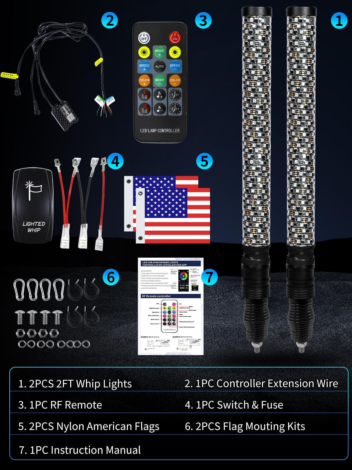 2 Pack 2FT Fat LED Whip Lights with App & Remote Control - RGB Spiral Chasing Lighted Antenna Whips for UTV ATV RZR Can-Am X3 Off-Road Vehicles - Perfect for Night Riding, Off-Road Adventures & Camping