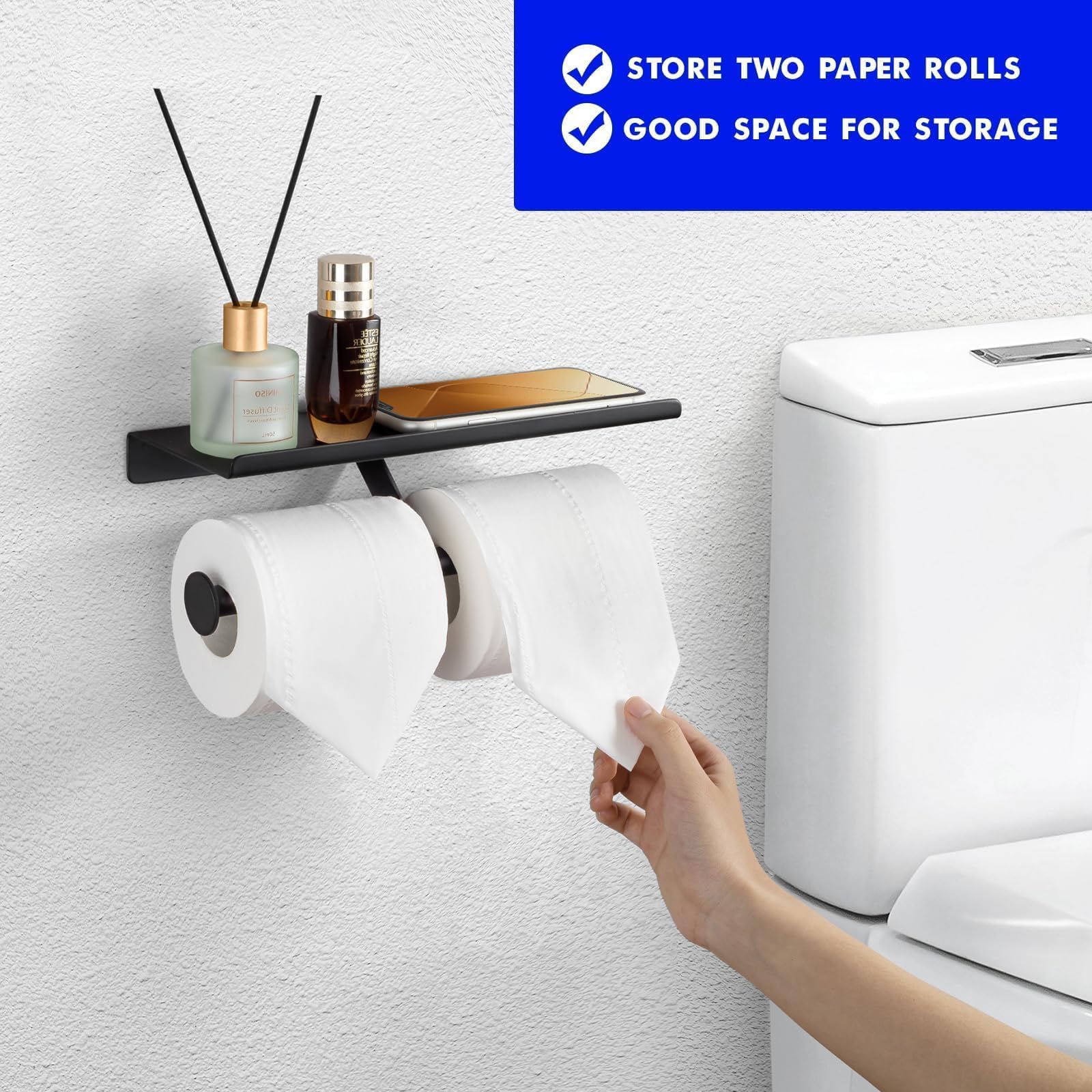 Double Toilet Paper Holder with Shelf - Stainless Steel Wall Mount Commercial TP Roll Holder for Bathroom & Restroom - Matte Black - Perfect for High Traffic Areas & Modern Home Bathrooms