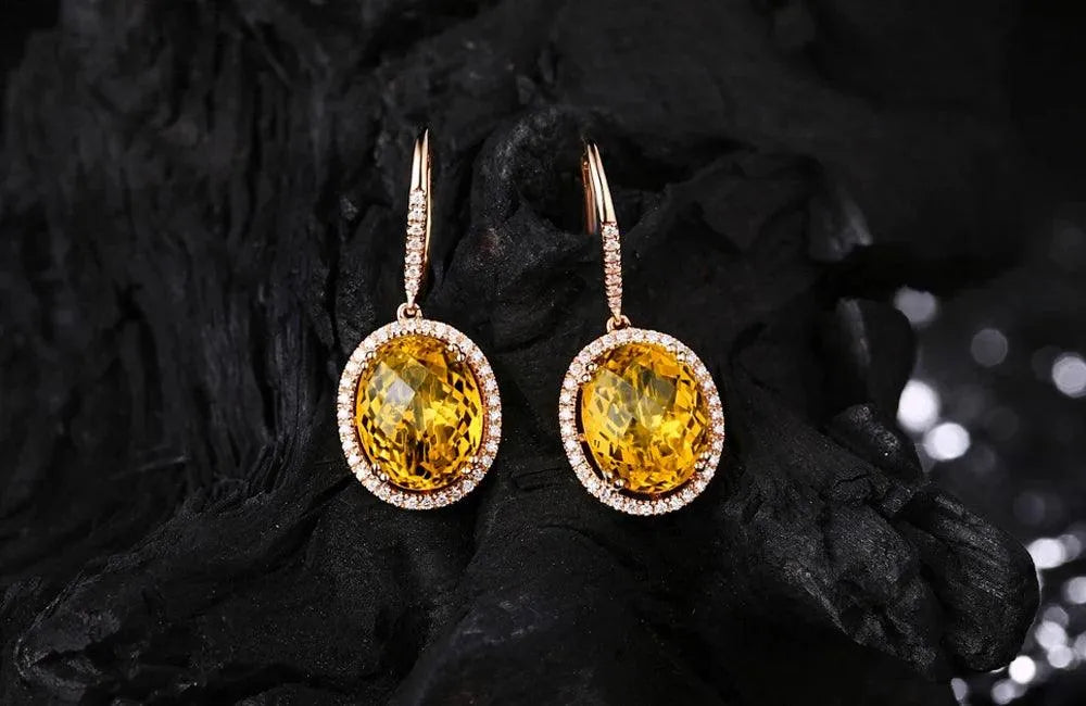 10KT/470 Rose Gold 7.91ct Natural Citrine & 0.36ct Round Cut Diamond Engagement Earrings for Women - Perfect for Weddings, Anniversaries & Special Occasions