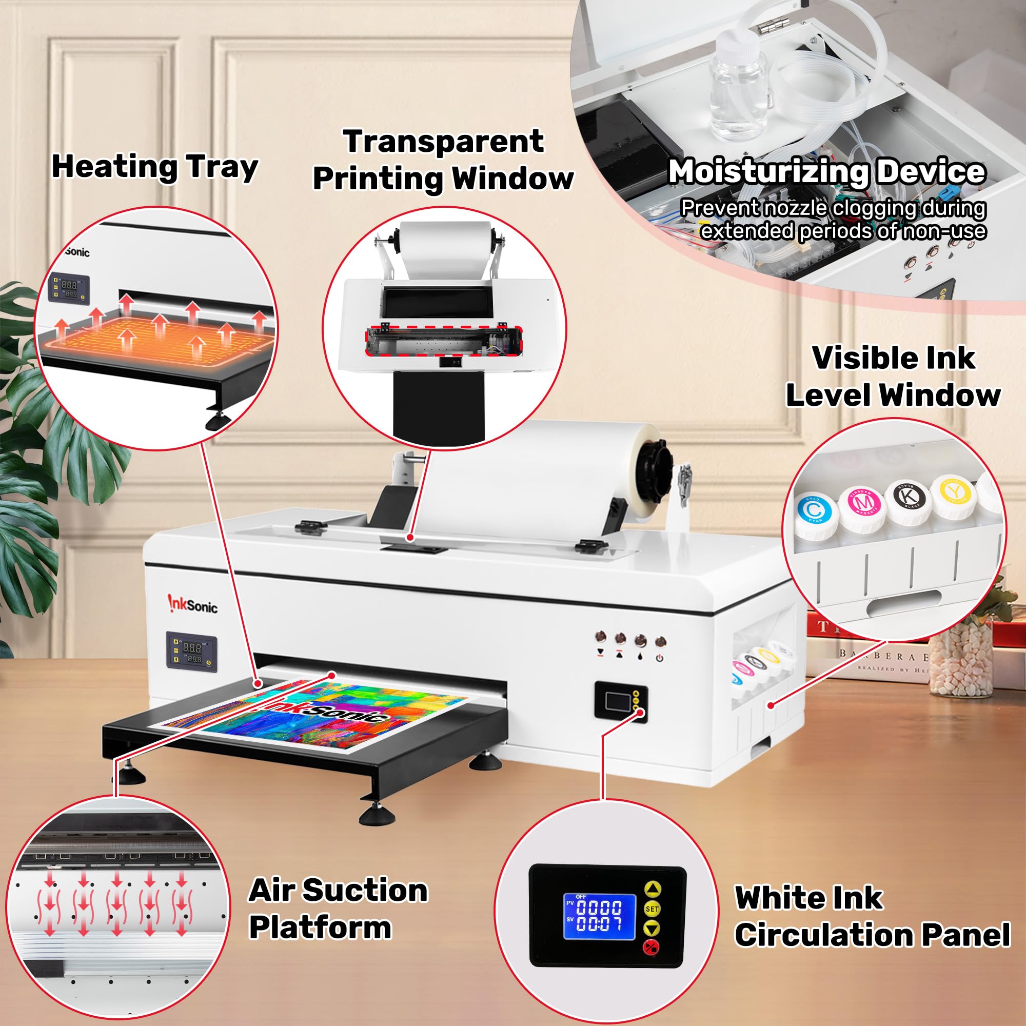 InkSonic L1800 A3 DTF Printer for T-Shirt Printing - White Ink System with Auto Cleaning | Direct to Film Transfer Machine with Built-in Oven & Heat Press (E13 Certified) - Perfect for Custom Apparel, DIY Projects & Small Business T-Shirt Production