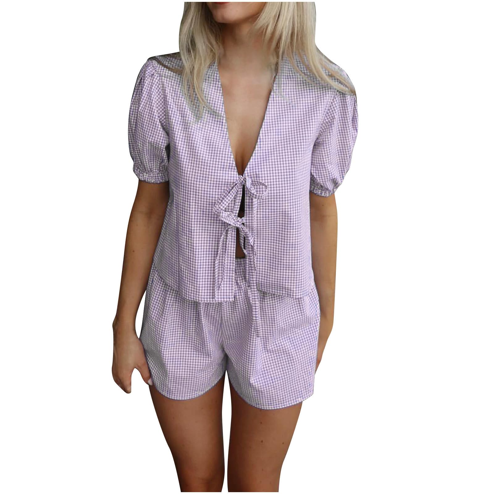 Women's Two Piece Summer Outfits - Plaid Print Cardigan Top & Shorts Set for Lounge, Beach & Travel | Casual Chic Summer Clothing Set