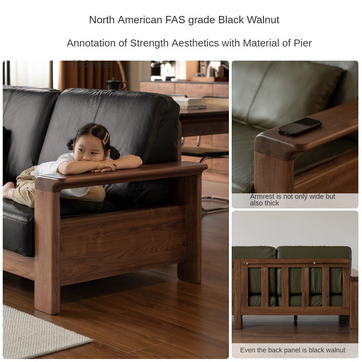 Black Walnut Solid Wood Modern Straight Sofa - Contemporary Minimalist Living Room Furniture for Small Spaces & Apartments