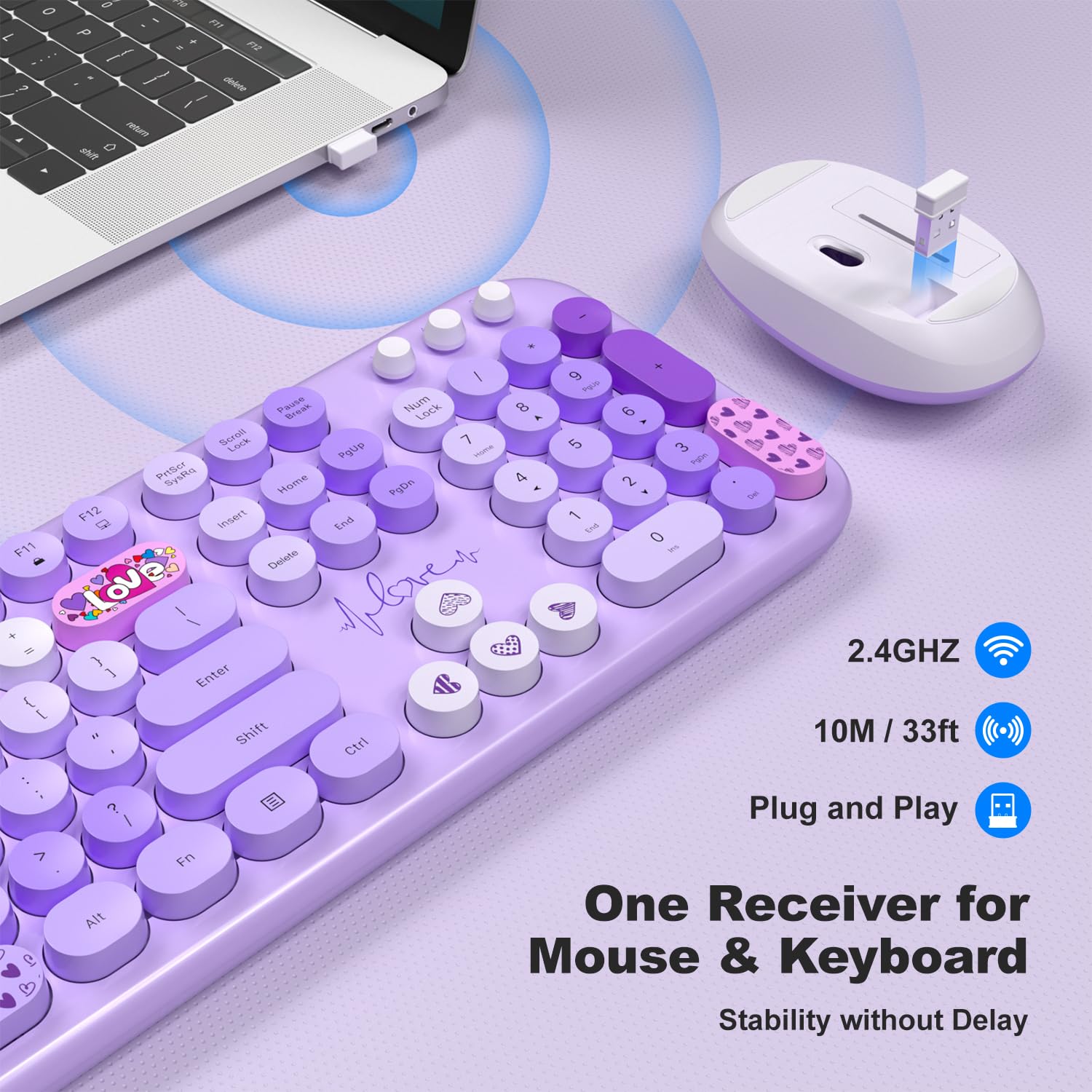 Retro Wireless Keyboard & Mouse Set for Mac/PC - Purple Typewriter Style for Home Office