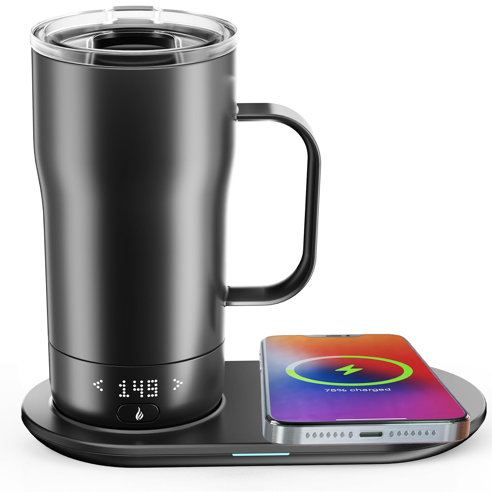 Smart Self Heating Coffee Mug 18 Oz - Temperature Control Electric Mug with App & LED Display - 5-10 Hour Battery Life - Wireless Charging Base - Keep Coffee Hot All Day - Perfect for Office, Travel & Home Use - Dull Black