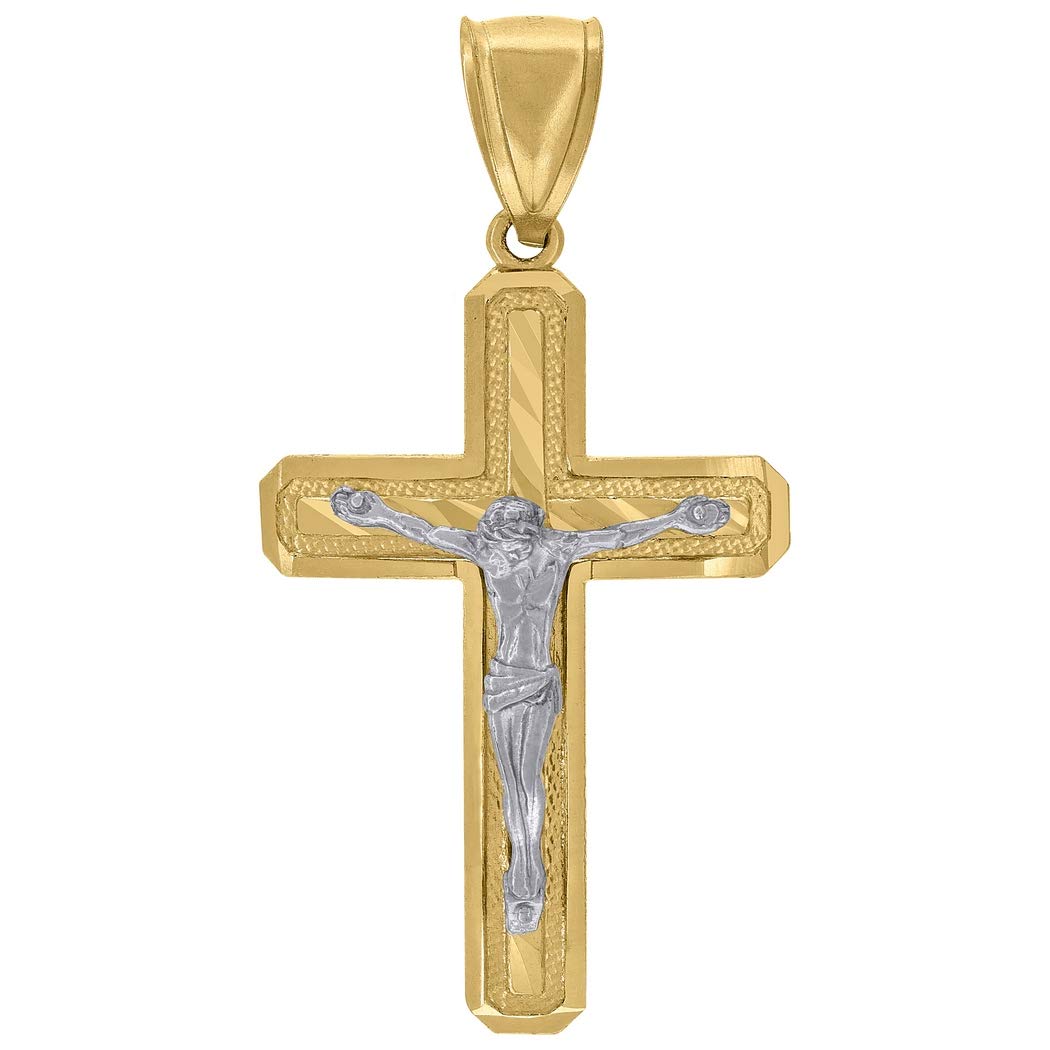 10K Two-Tone Gold Sparkle Cut Crucifix Cross Pendant Necklace for Men & Women - 50x25.80mm Religious Jewelry Gift - Perfect for Baptism, Confirmation, Weddings & Everyday Faith Wear