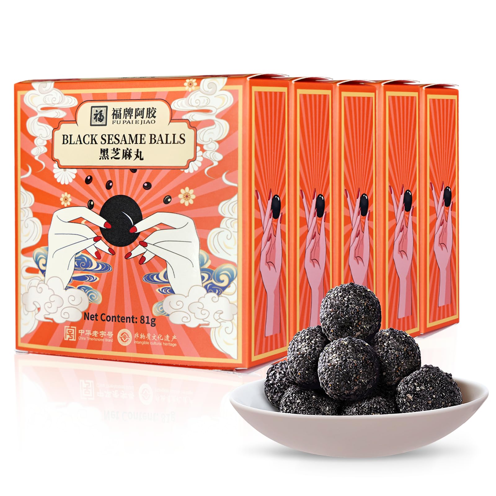 Organic Black Sesame Balls Snacks - Gluten-Free, Low Temp Roasted, Non-GMO Vegan Protein Snack (5 Boxes, 14.3 oz) - Perfect for Healthy On-the-Go Snacking, Office Energy Boost & Plant-Based Diet