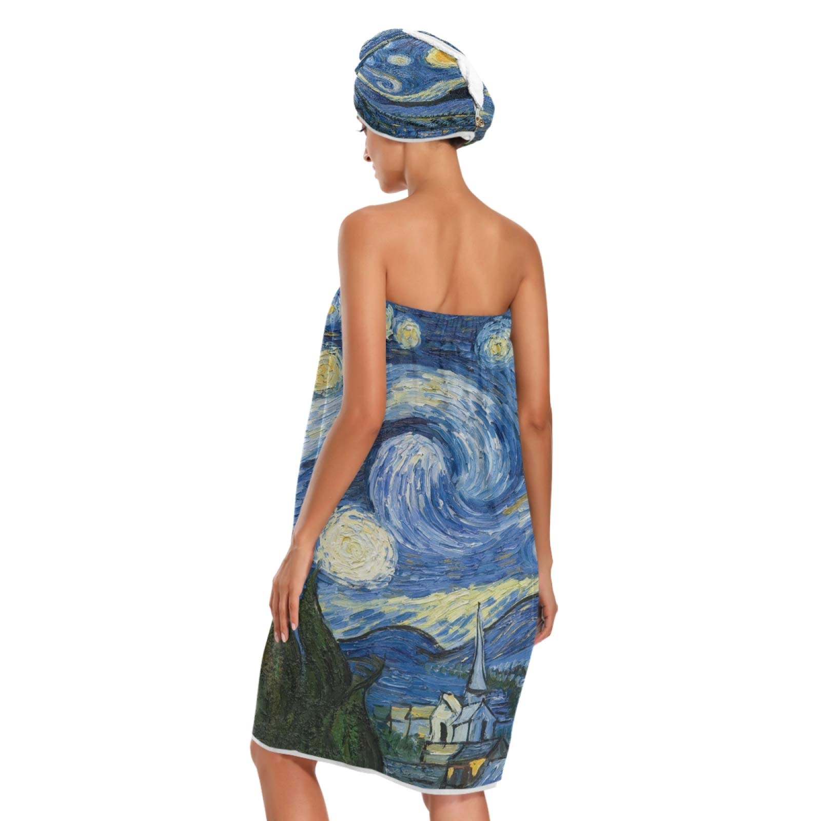ATTX Women's Spa Towel Wrap Set of 3 - Van Gogh The Starry Night Art Bathrobe, Shower & Bath Body Wrap with Adjustable Closure - Perfect for Spa, Beach & Home Relaxation