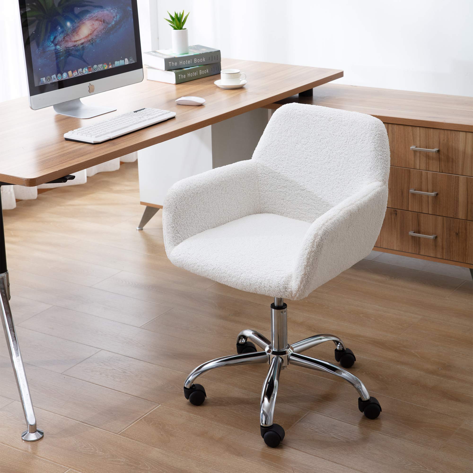 Fluffy Pink Faux Fur Swivel Desk Chair with Wheels - Adjustable Height Vanity Chair for Makeup Room, Teen Girls Bedroom & Home Office - Soft Computer Chair for Study, Gaming & Workspace (White)