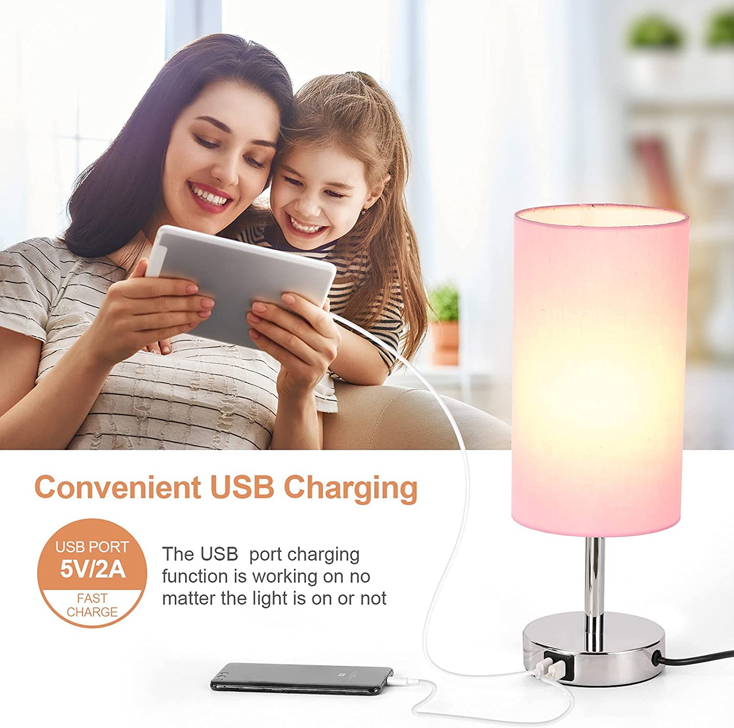 Yarra-Decor Modern Wood Bedside Lamp with USB Port & Touch Control - 3-Way Dimmable Nightstand Lamp with Round Pink Fabric Shade for Bedroom, Living Room, Kids Room, Office & College Dorm - Perfect for Reading, Relaxing & Nighttime Use