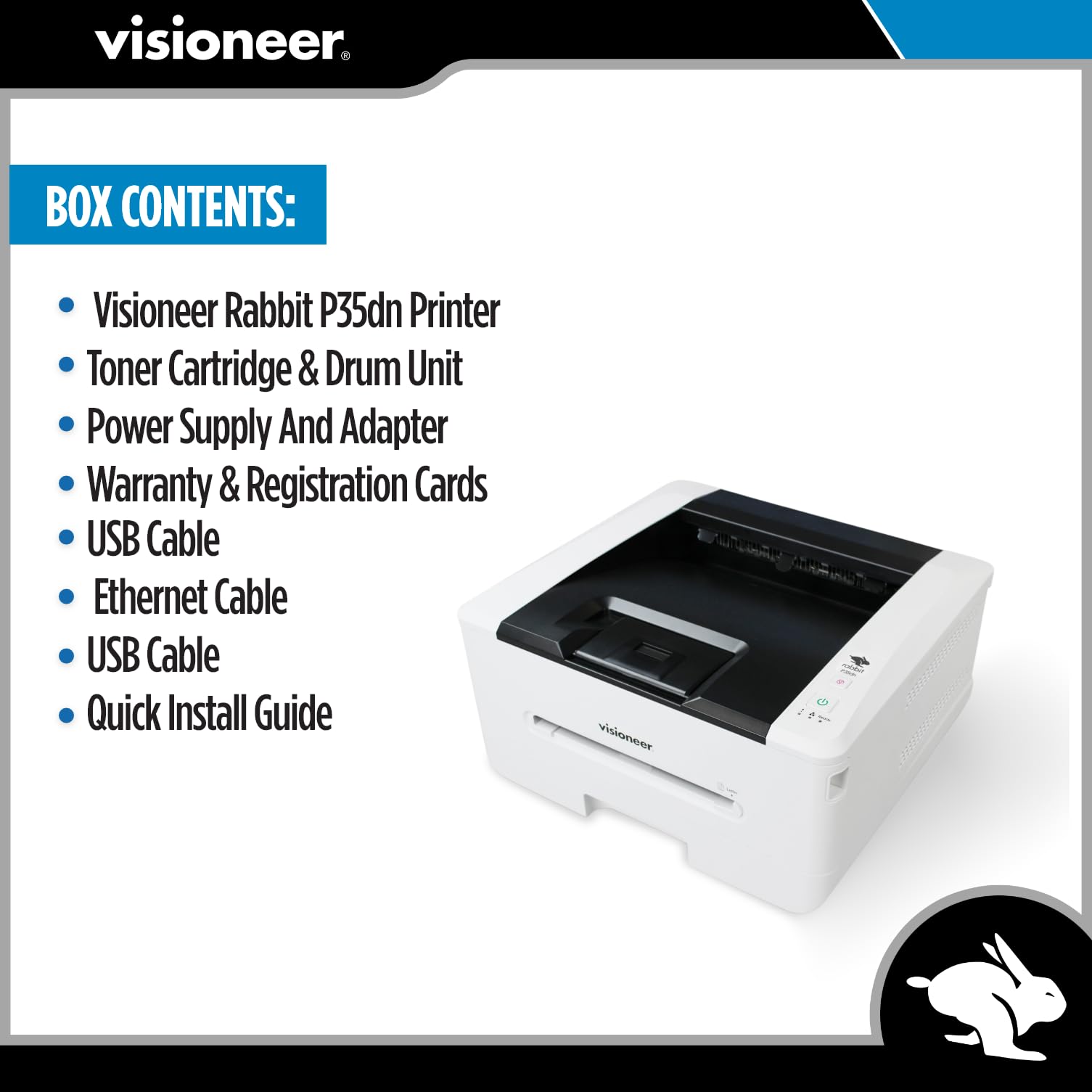 Visioneer Rabbit P35dn Monochrome Laser Printer - 35 PPM High-Speed USB Office Printer for PC with 250-Sheet Paper Capacity & Mobile Printing (White) | Perfect for Home Office, Small Business & Document Printing