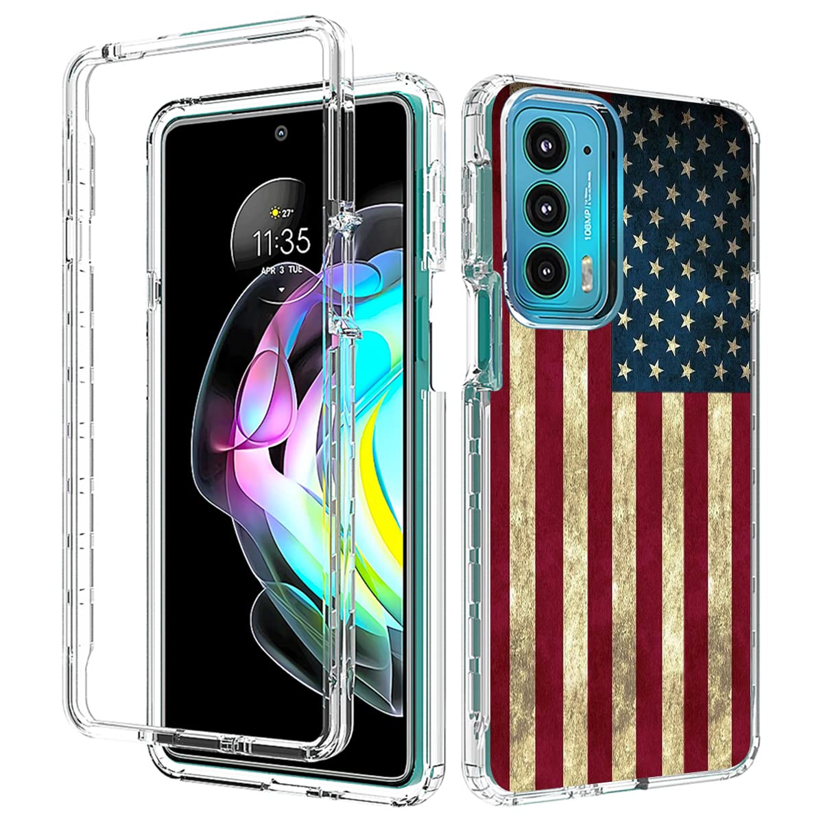 **Motorola Edge 20 Case with Tempered Glass Screen Protector – Cute Clear USA Flag Design, Full-Body Protective Cover for Moto Edge 20 5G – Perfect for Daily Use, Travel & Outdoor Activities**