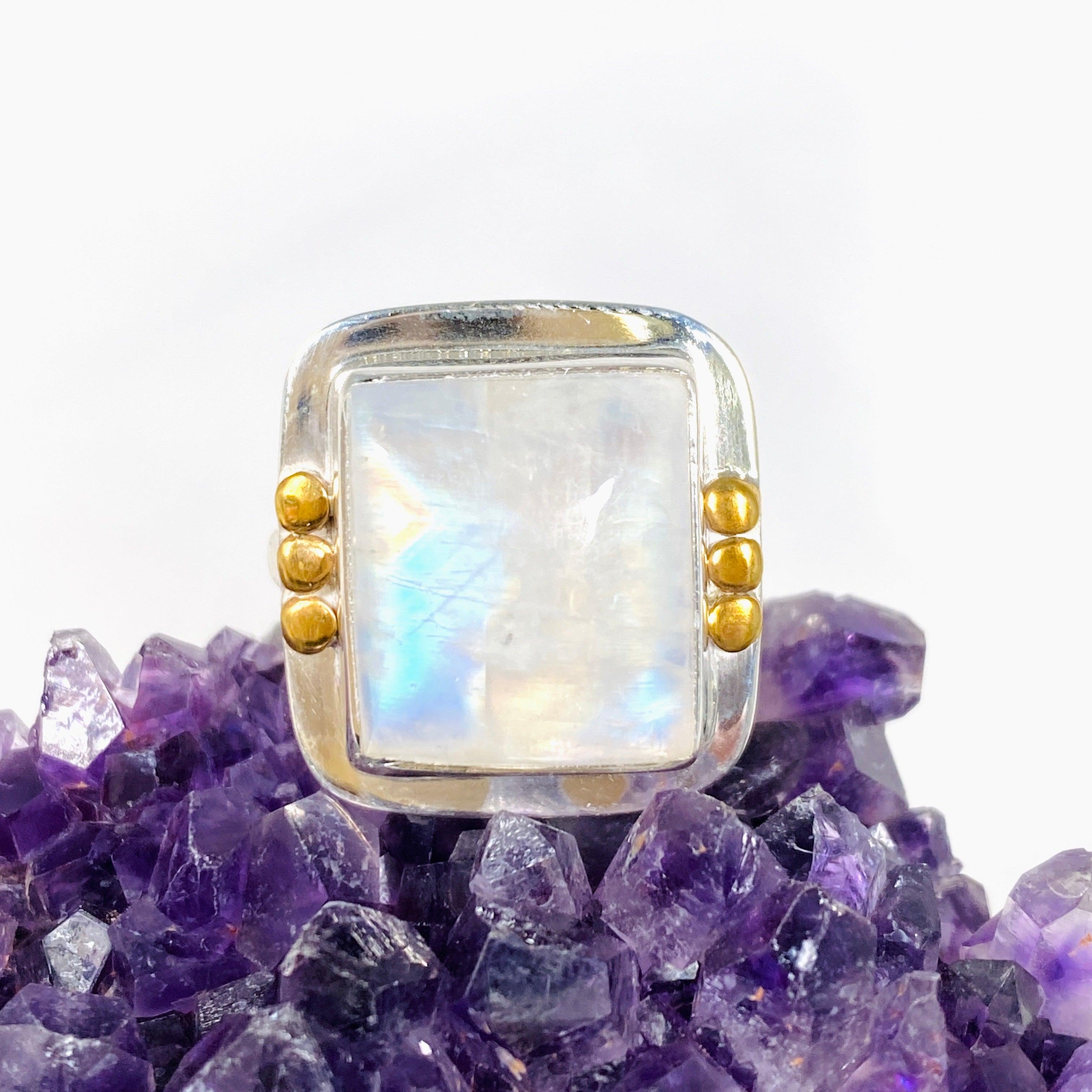 Moonstone Square Ring with Brass Detailing - Size 7 Sterling Silver Jewelry for Women, Elegant Boho Chic Accessory | Perfect for Weddings, Date Nights & Special Occasions