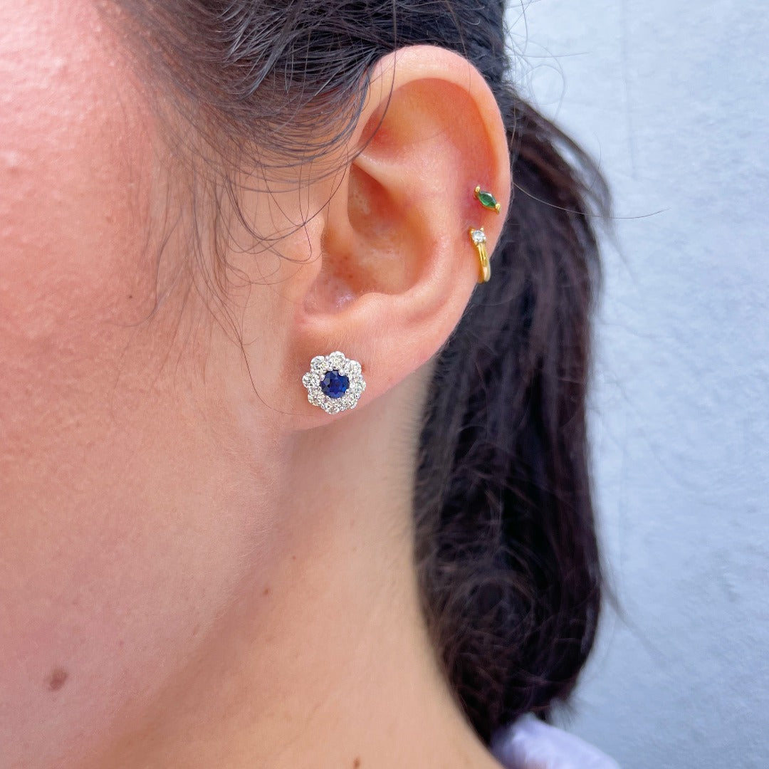 14K Gold Round Sapphire & Diamond Cluster Stud Earrings for Women - Elegant Jewelry Gift for Wedding, Anniversary & Special Occasions
