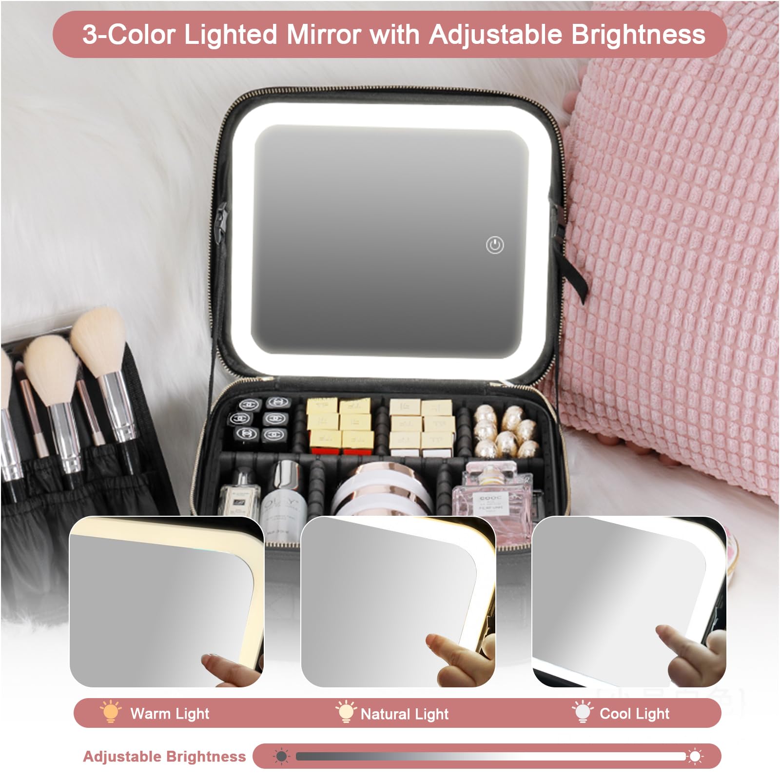 LED Lighted Travel Makeup Bag with Mirror - Waterproof Cosmetic Case for Travel & Home