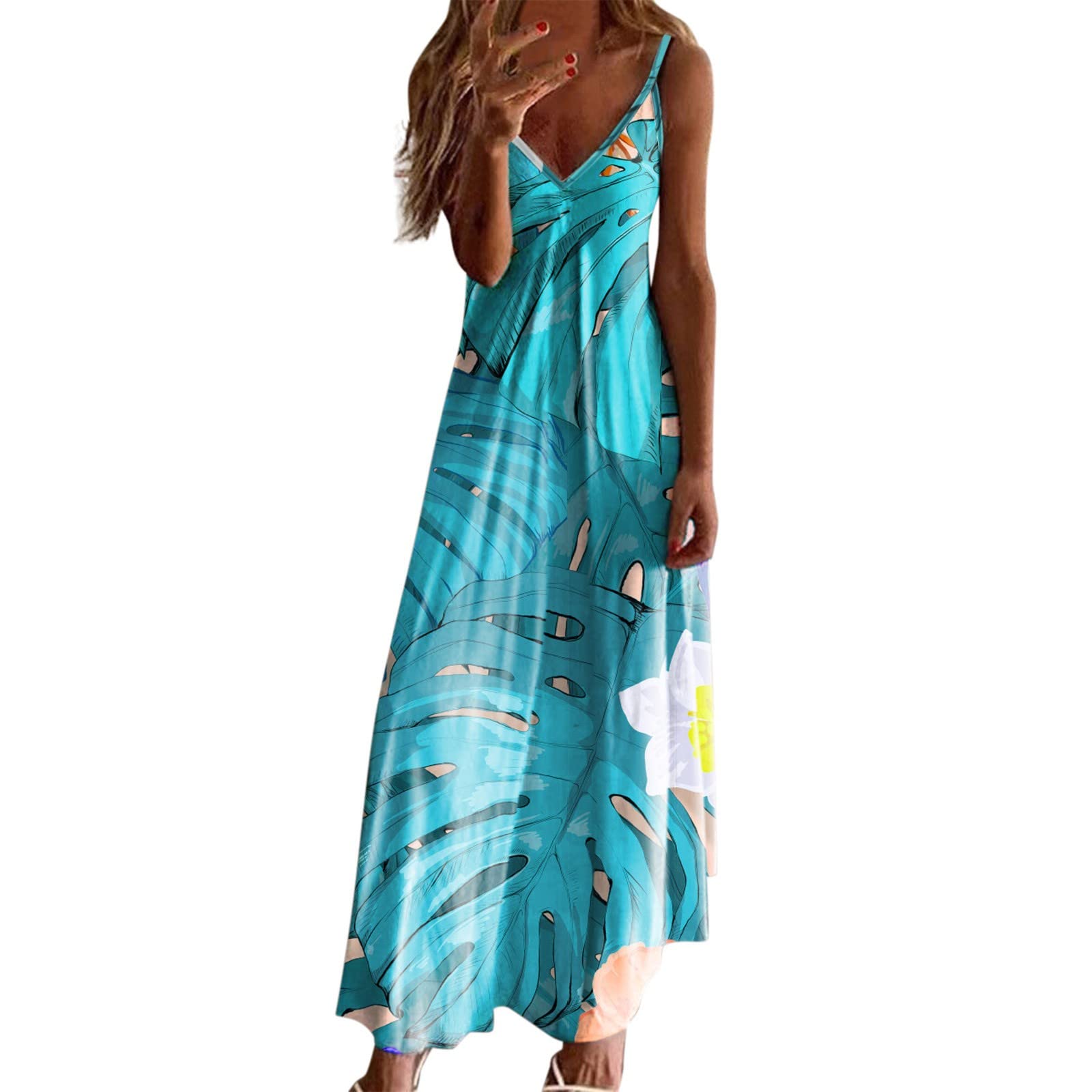 Women's Summer V-Neck Sleeveless Floral Print Sundress - Elegant Casual Cocktail Party Dress for Women | Perfect for Beach Vacations, Date Nights & Outdoor Events