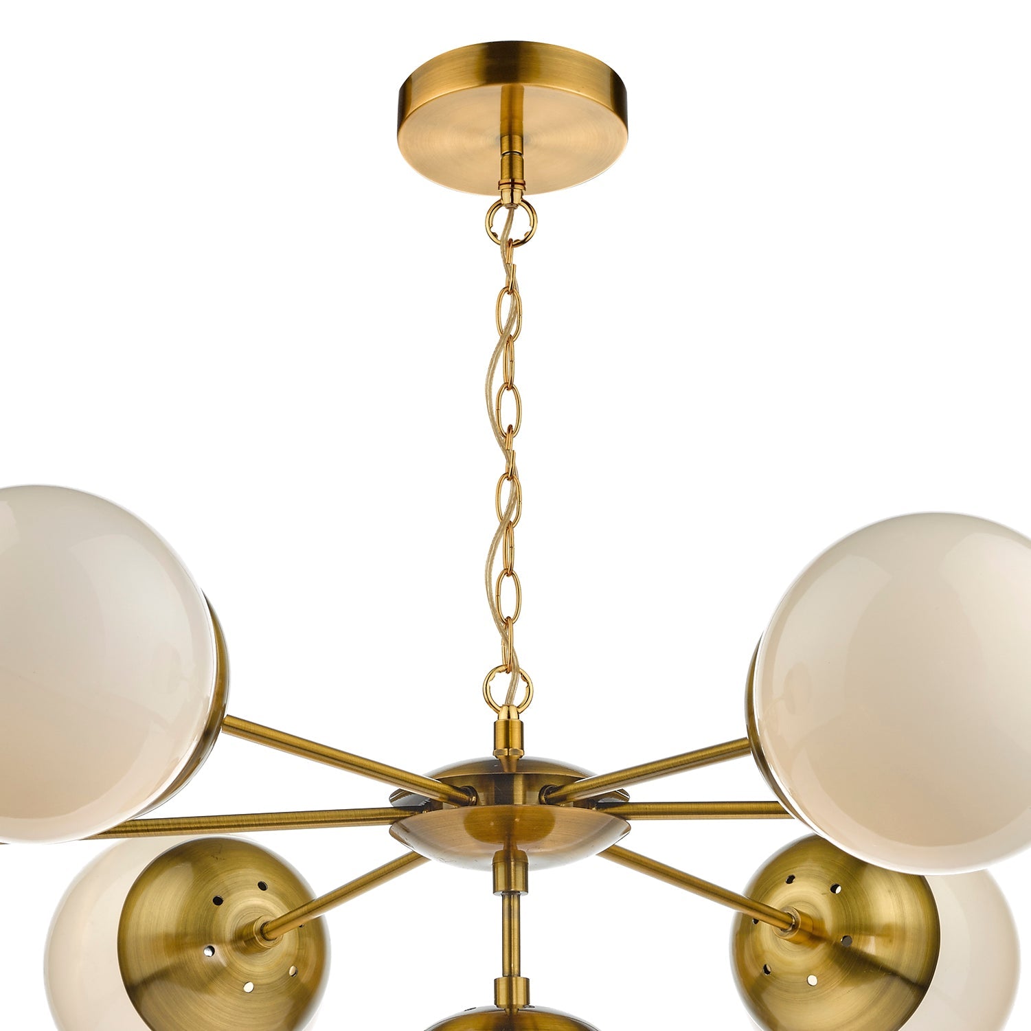 7Lt Bombazine Ceiling Light Fixture in Natural Brass & White Opal Glass - Perfect for Living Room, Bedroom, and Dining Room Lighting