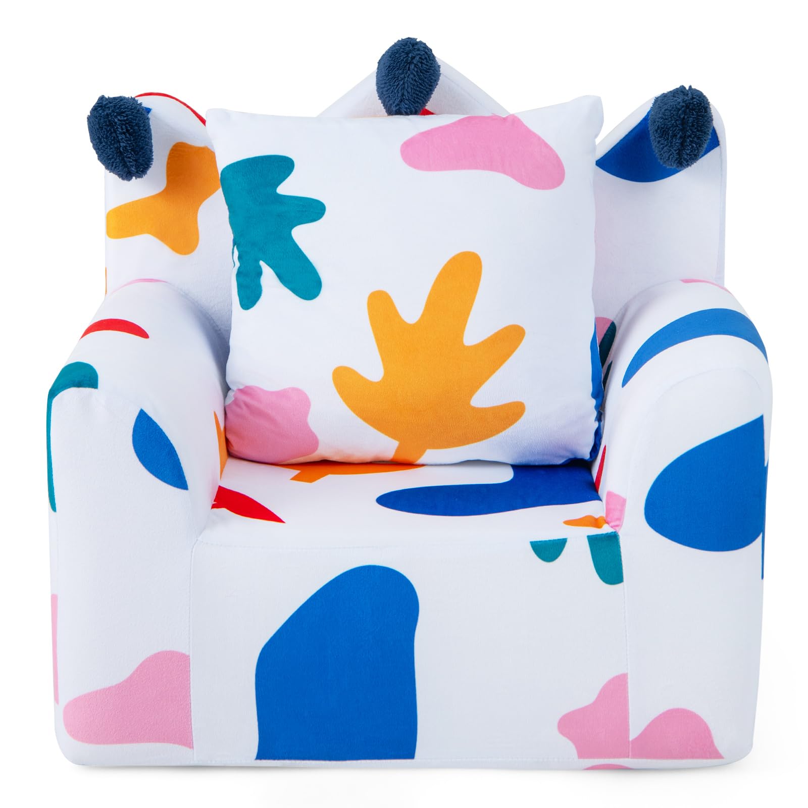 HONEY JOY Toddler Couch - Crown Shaped Kids Chair with Bonus Pillow, Soft Velvet Cover & Extra Cushion Foam, Lightweight Baby Sofa for Playroom, Nursery or Bedroom - Multi-Color Leaf Design for Boys & Girls