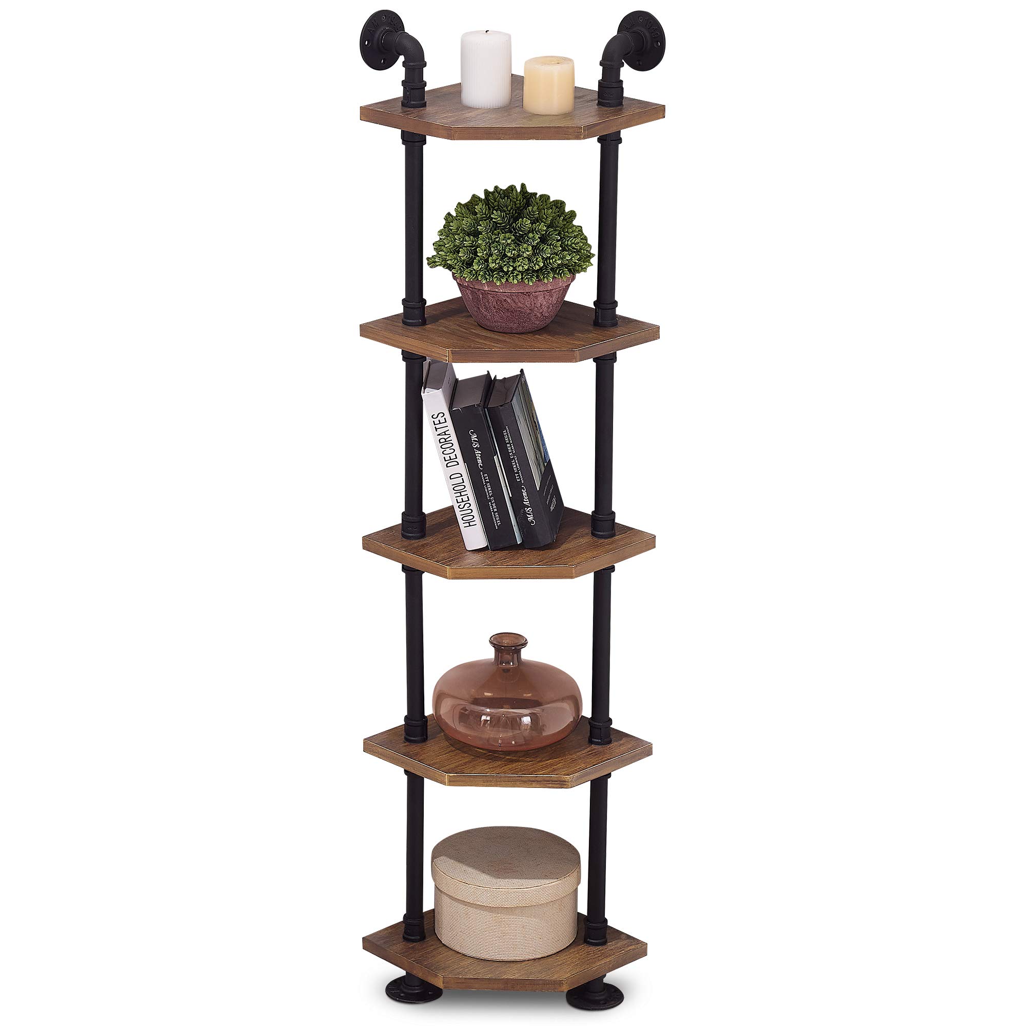 **ivinta Industrial Bookcase Corner Shelf - 5-Tier Wall Mounted Pipe Bookshelf, Solid Wood Shelves & Metal Display Stand for Living Room, Office, or Bedroom Storage**