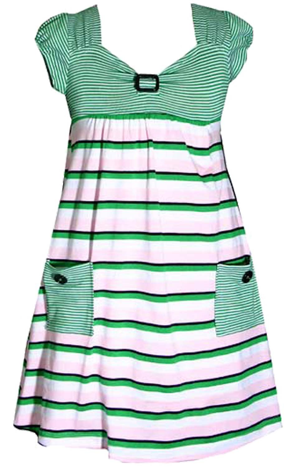 Bonnie Jean Little Girls' Green & Pink Buckle Sweetheart Neckline Twin Stripe Knit Dress 4-6X - Perfect for Birthday Parties, Easter & Family Photos