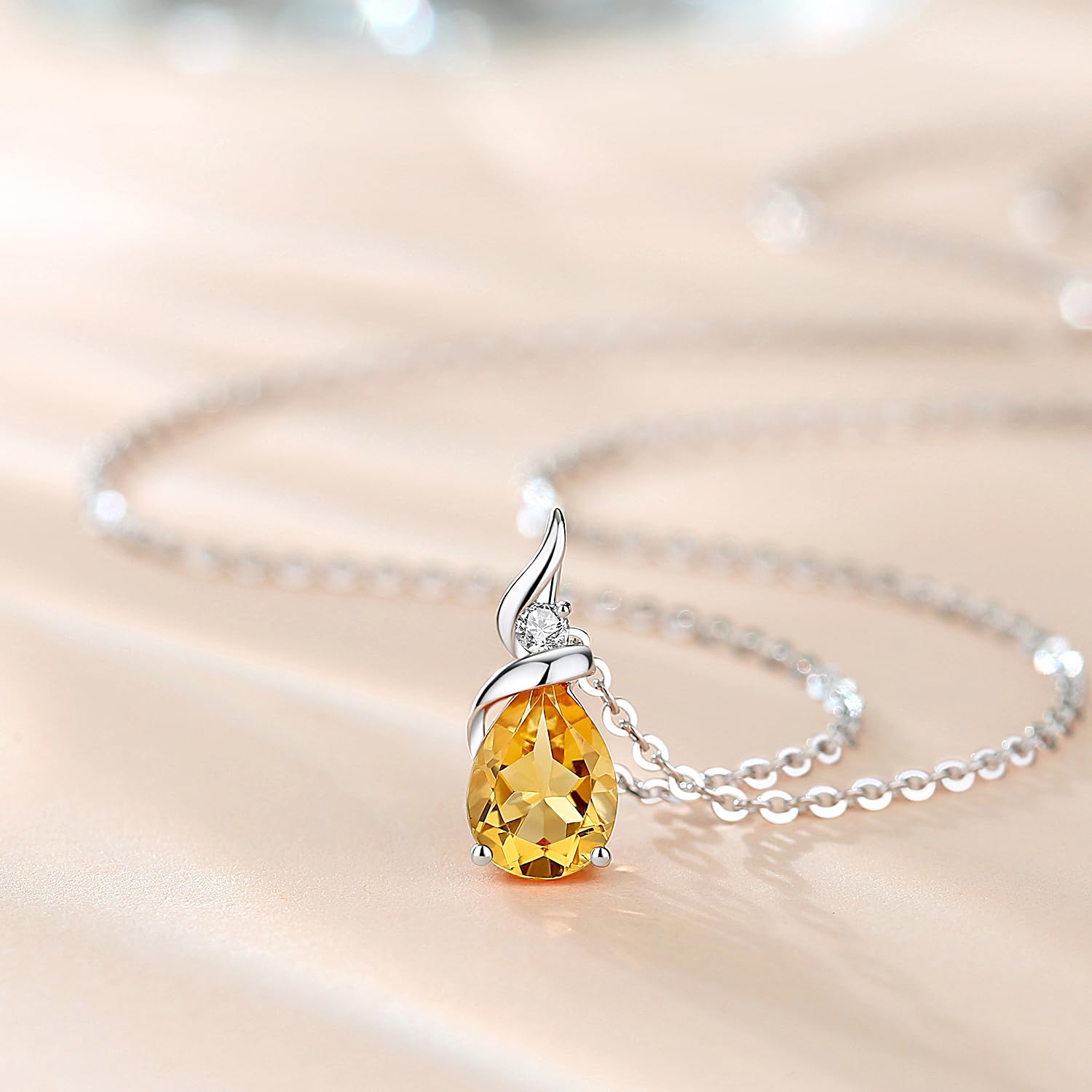 14K Solid White Gold Birthstone Pendant Necklace for Women - Pear Shaped Diamond Teardrop Necklace | Personalized Birthday Gift for Mom, Wife, Daughter | Sterling Silver Chain 16