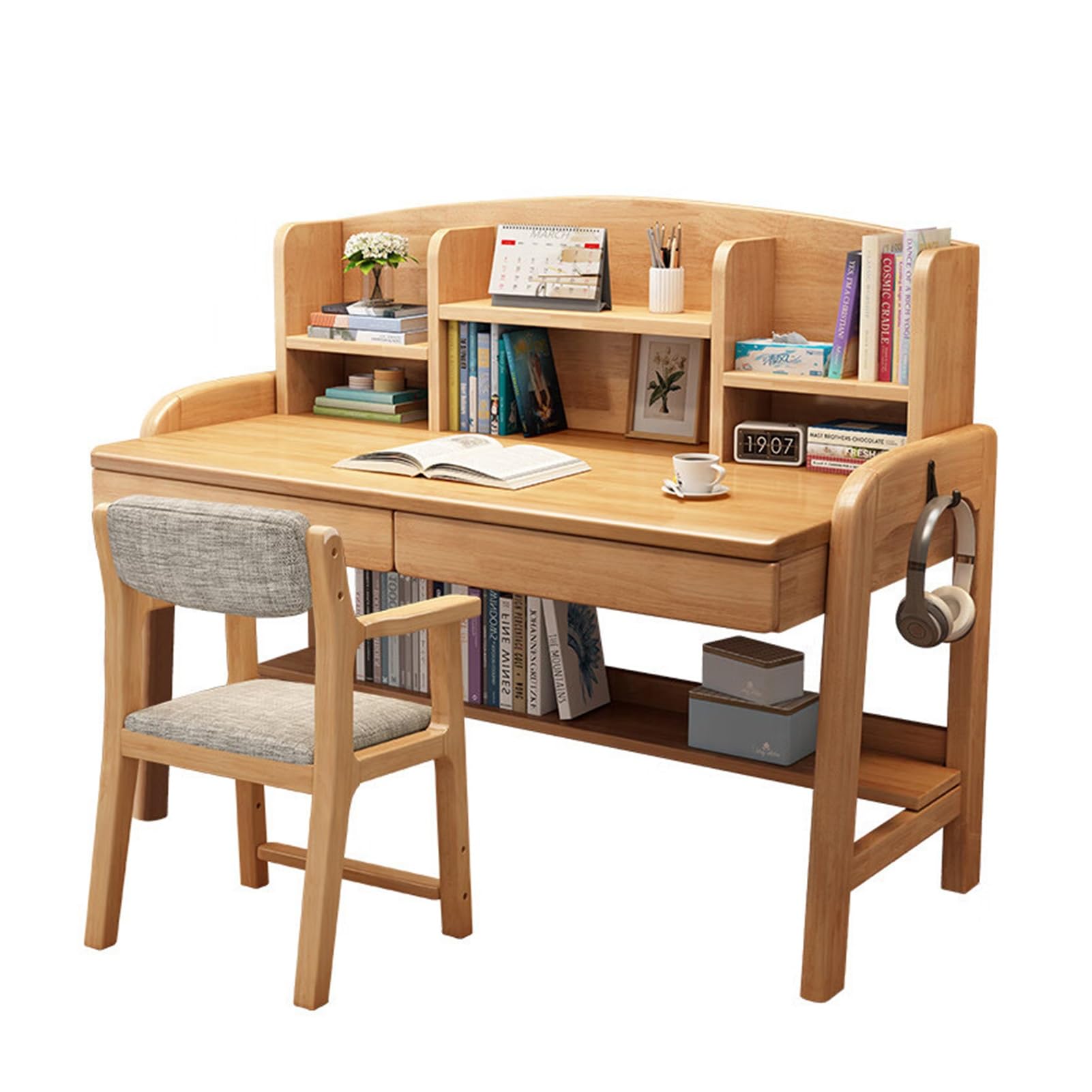 Solid Wood Kids Desk with Drawers & Bookshelf - Adjustable Height Study Desk for All Ages, Learning Computer Workstation Writing Table with Hooks - Perfect for Home Office, School & Online Classes (Log Color with Chair)