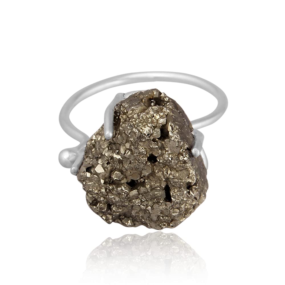 Natural Raw Pyrite Stacking Ring - Minimalist Boho Chic Rustic Jewelry for Women | Modern Adjustable Prong Ring Set of 5 | Perfect for Layering, Everyday Wear & Unique Gifts
