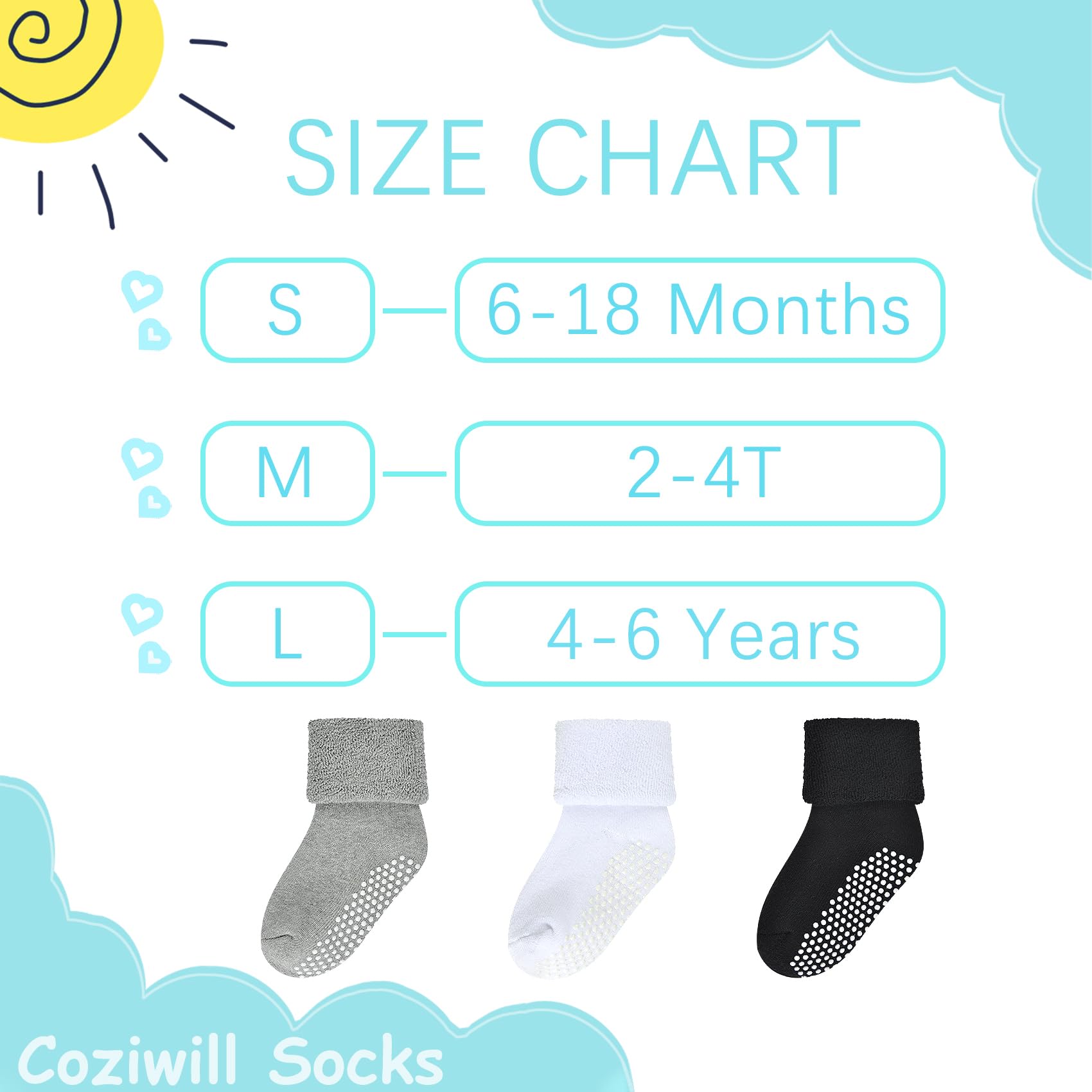 Non-Slip Toddler Socks with Grips - 12 Pairs Cotton Baby Crew Socks with Turn Cuff for Warmth & Safety - Perfect for Playtime, Daycare & Learning to Walk