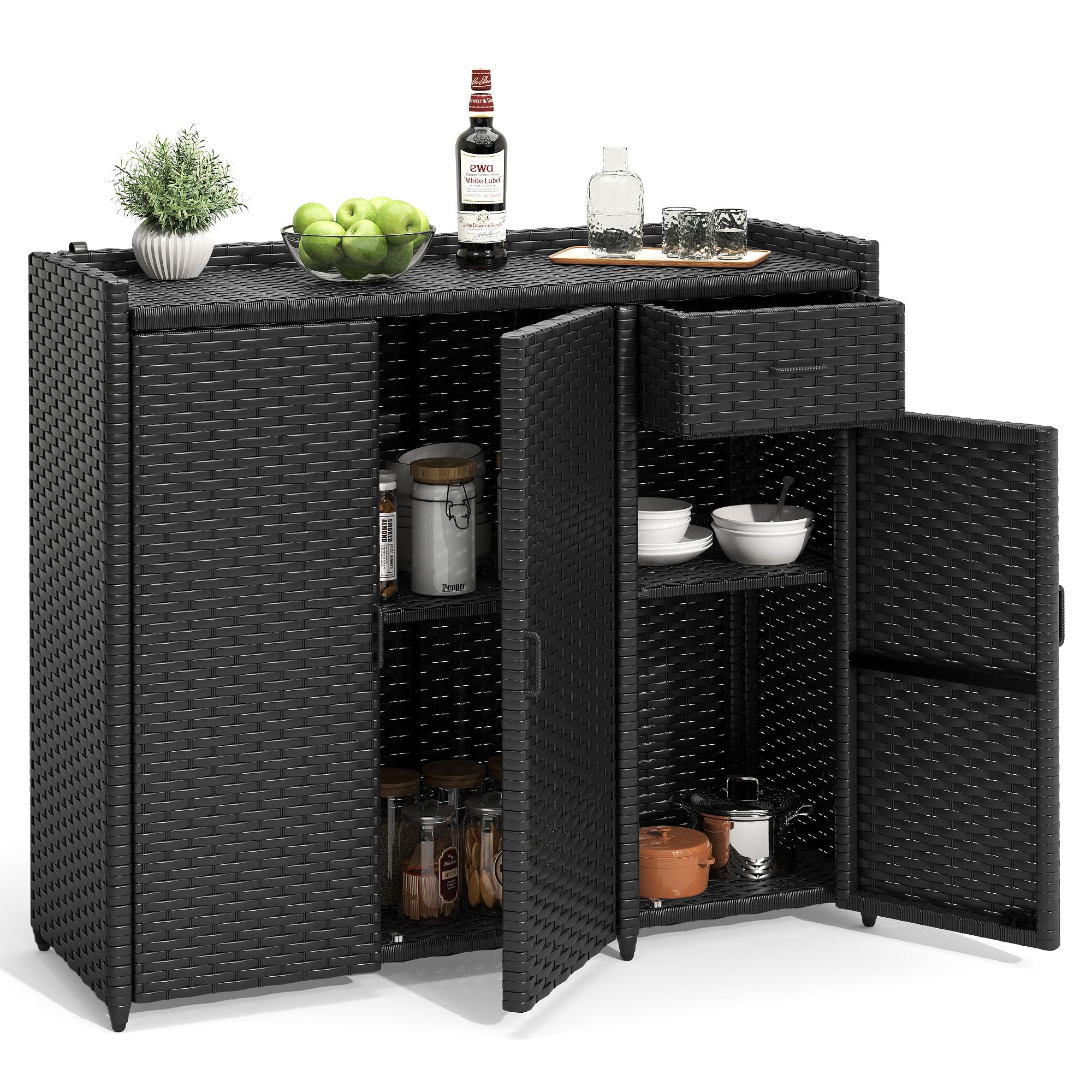 YITAHOME Outdoor Storage Cabinet - Weatherproof Rattan Bar Table with 2 Doors, Adjustable Shelves & Foldable Drawer - Wicker Patio Storage Box for Outdoor Cushions, Pool Tools & Garden Accessories - Perfect for Backyard, Deck & Poolside Organization - Black