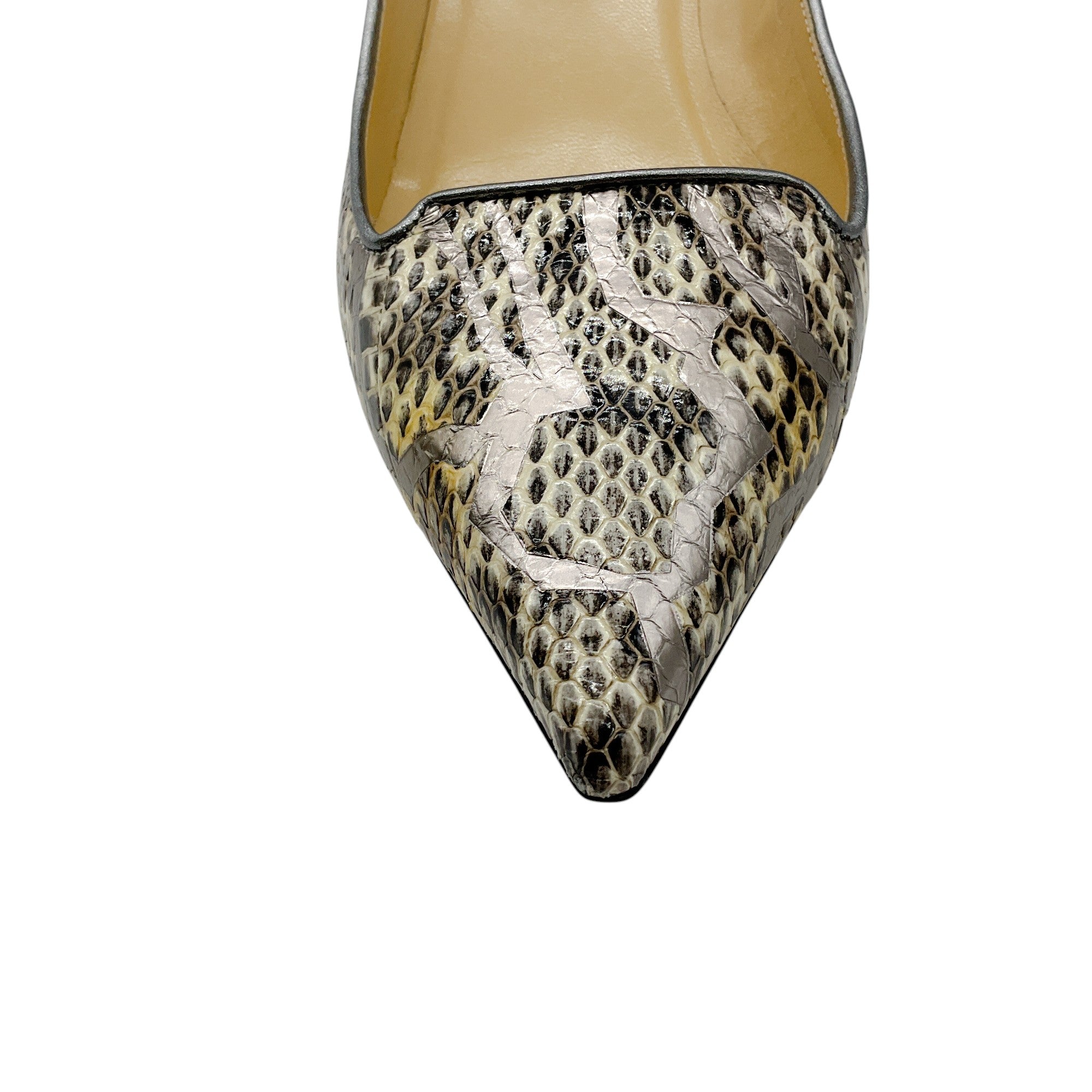 Jimmy Choo Women's Ivory & Silver Metallic Graffiti Snake Print Pointed Toe Low Heel Pumps - Perfect for Evening Parties, Weddings & Office Wear