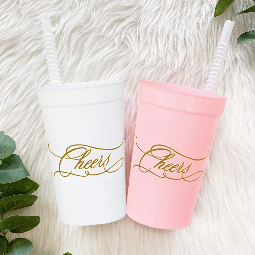 LADY&HOME 15 Pack 16 Oz Reusable Plastic Party Cups - Elegant & Durable Cheers Cups for Wedding, Birthday, Bridal Shower & Special Events (Pink) - Perfect for Cocktails, Mocktails & Champagne Toasts